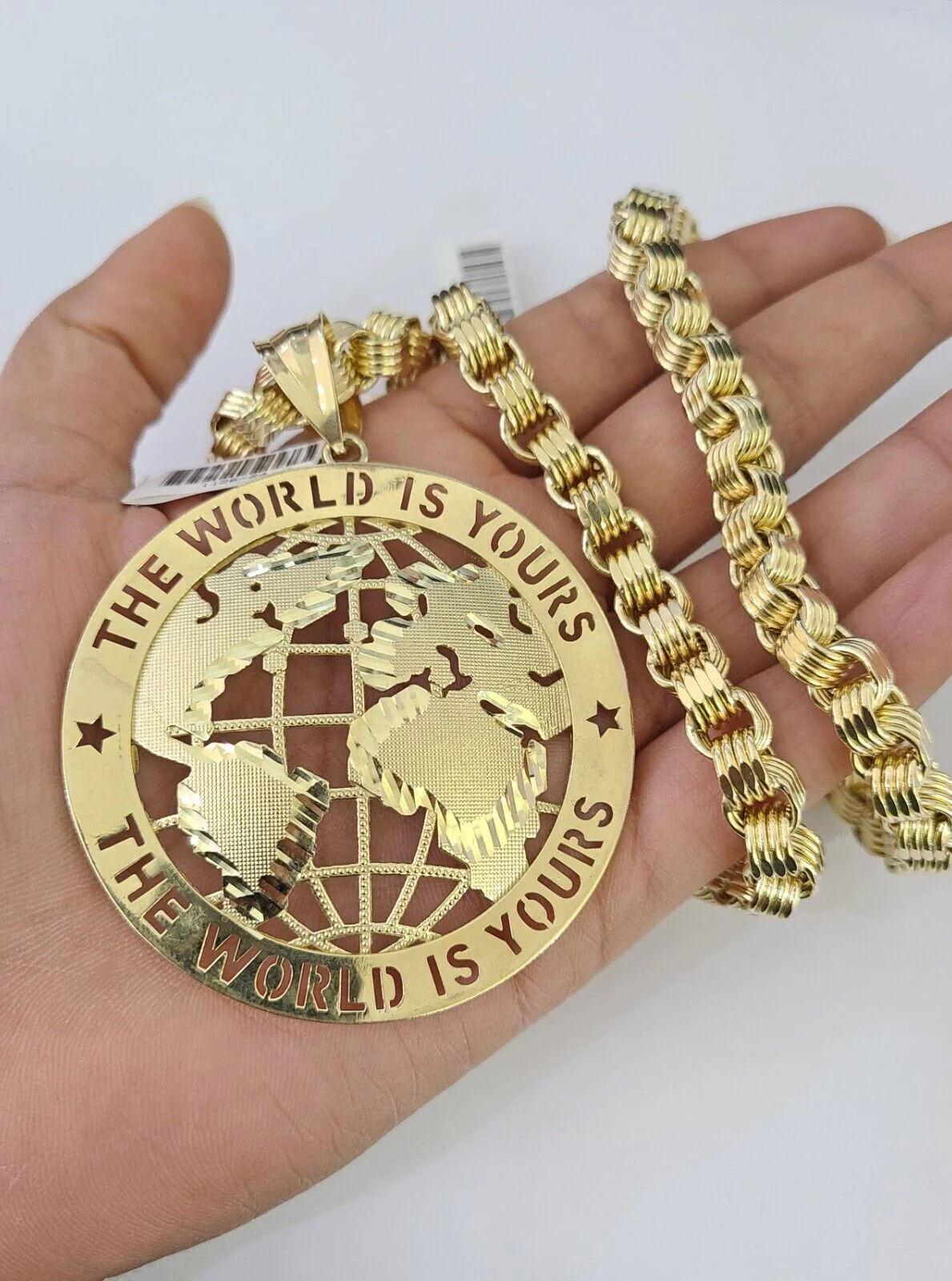 10k Gold Byzantine Chain Necklace World is Yours Pendant Charm SET 20"-30" 7.5mm