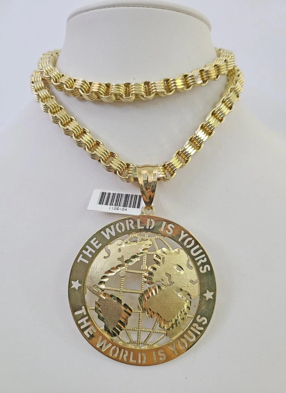 10k Gold Byzantine Chain Necklace World is Yours Pendant Charm SET 20"-30" 7.5mm - Image 10