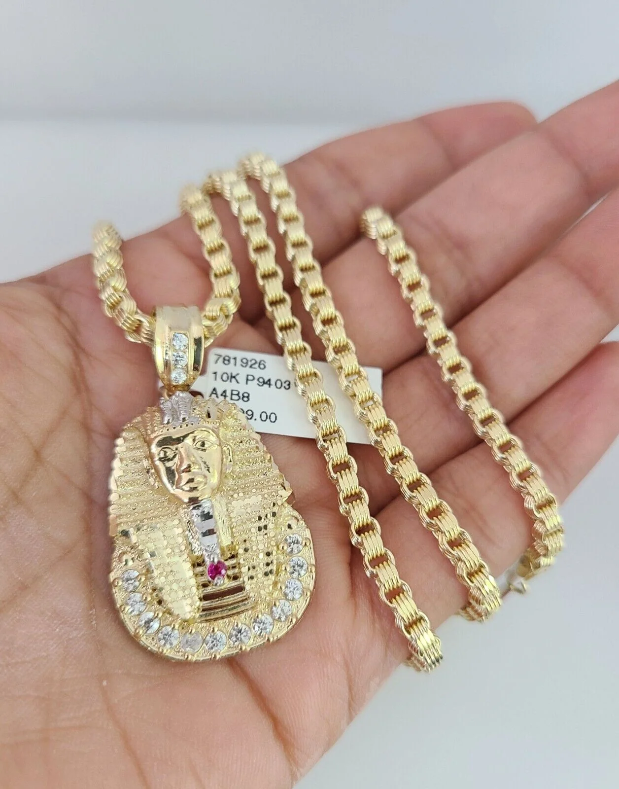 10k Gold Byzantine Chain Pharaoh Head Charm Pendant SET REAL 10kt 3mm 18"-28"