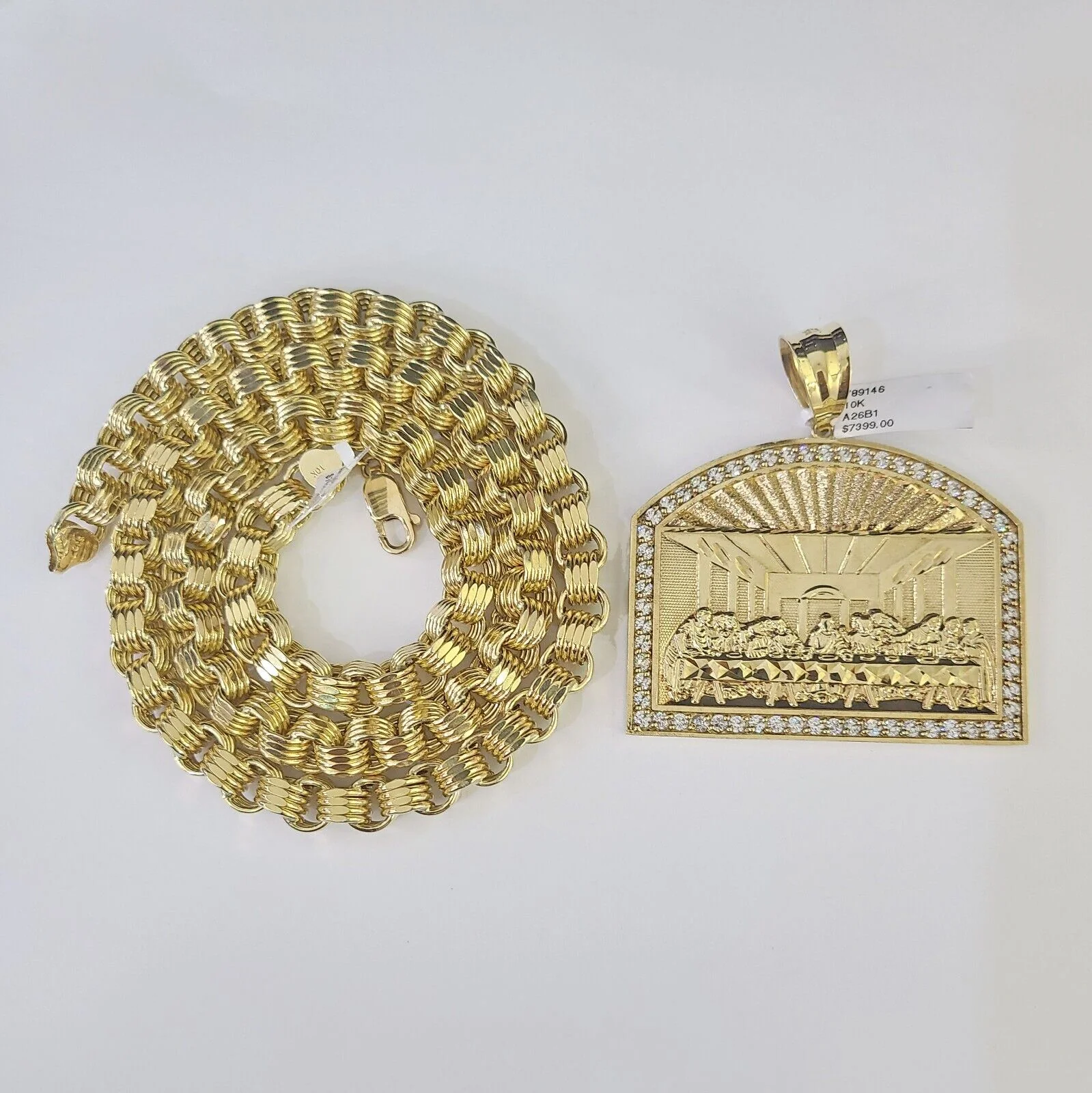 10k Gold Byzantine Necklace Last Supper Charm 20-30 inches 9mm REAL SET Chain - Image 4