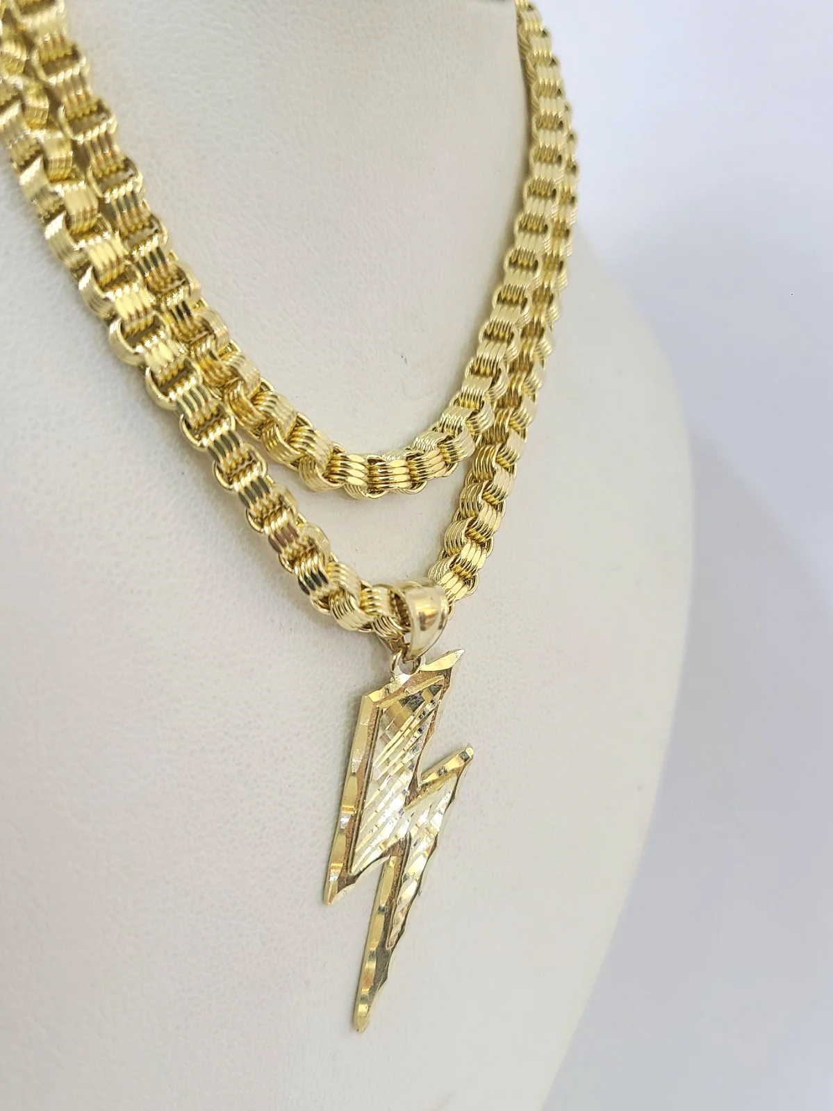 10k Gold Byzantine Necklace Lightning Bolt Pendant Charm SET Chain 20"-30" 4mm - Image 2