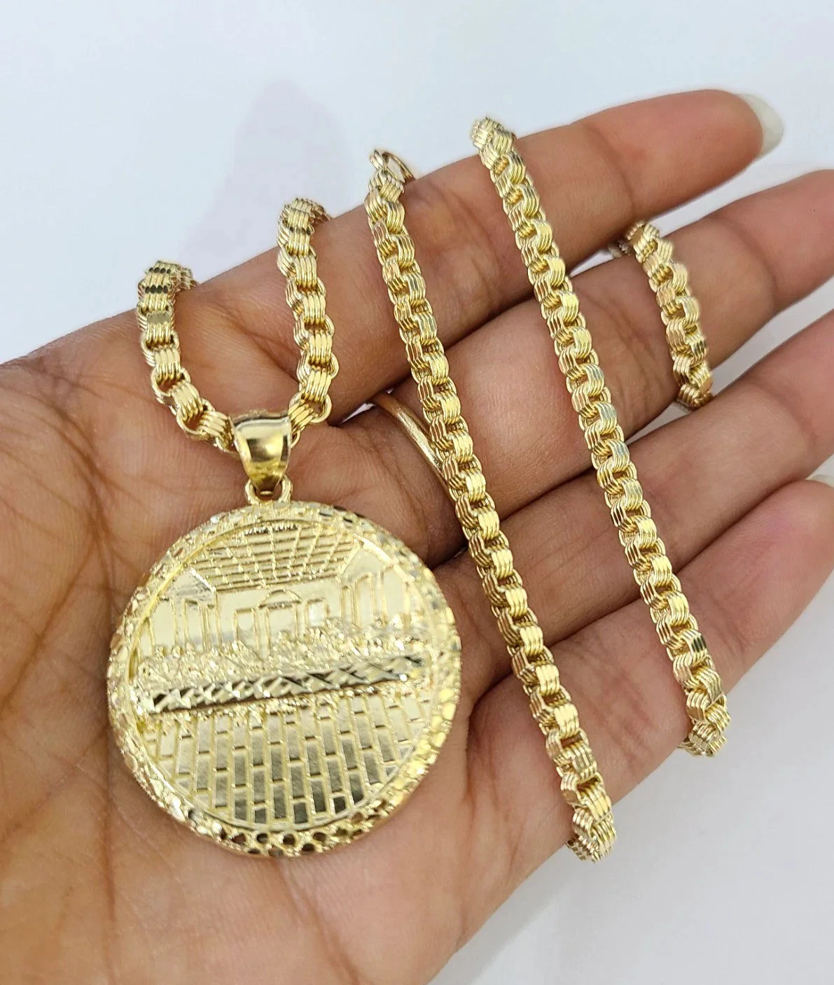 10k Gold Byzantine Necklace Nugget Last Supper Charm 20-30 inch 3mm Pendant SET - Image 6
