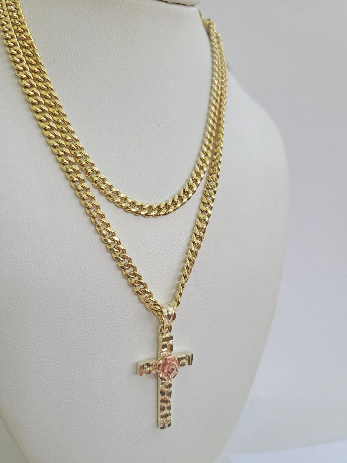 10k Gold Chain Jesus Rose Cross Pendant Set Miami Cuban Necklace 4mm 18"-28" - Image 4