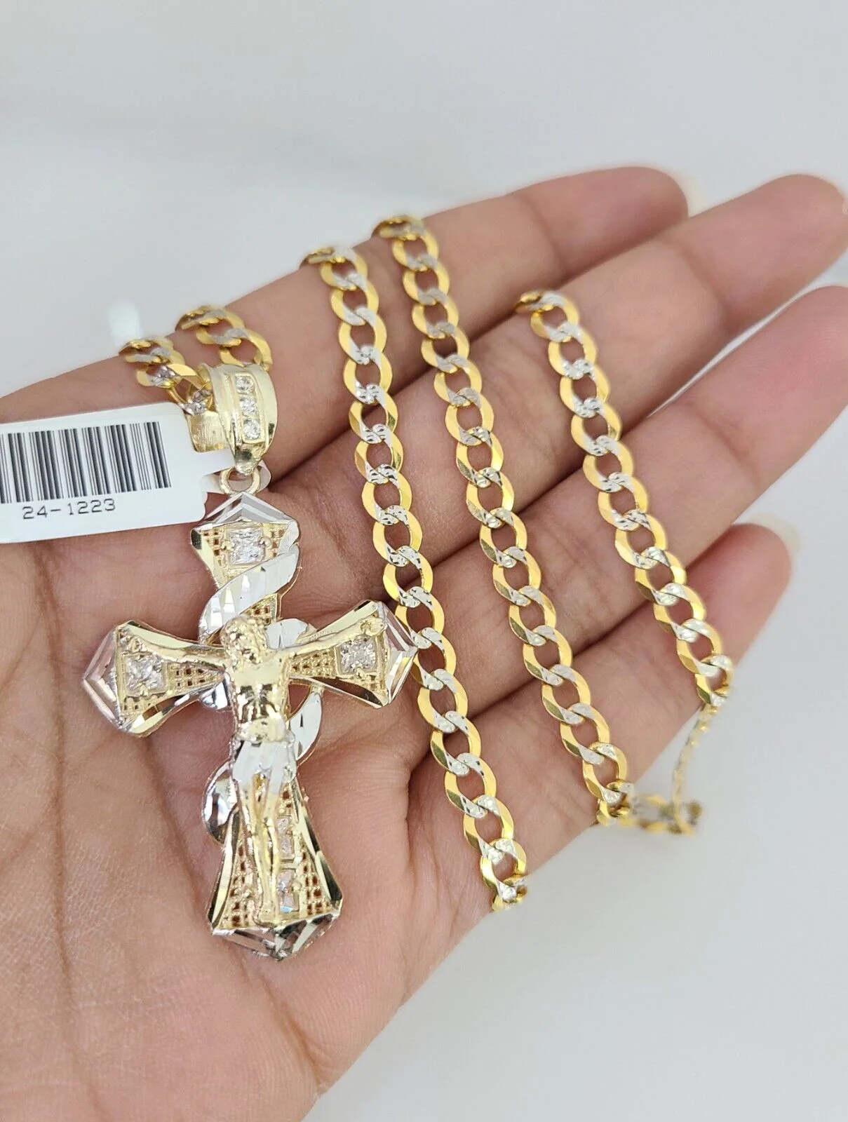10k Gold Chain Jesus Spiral Cross Charm Solid Cuban Curb 5mm 18"-28" Inch SET