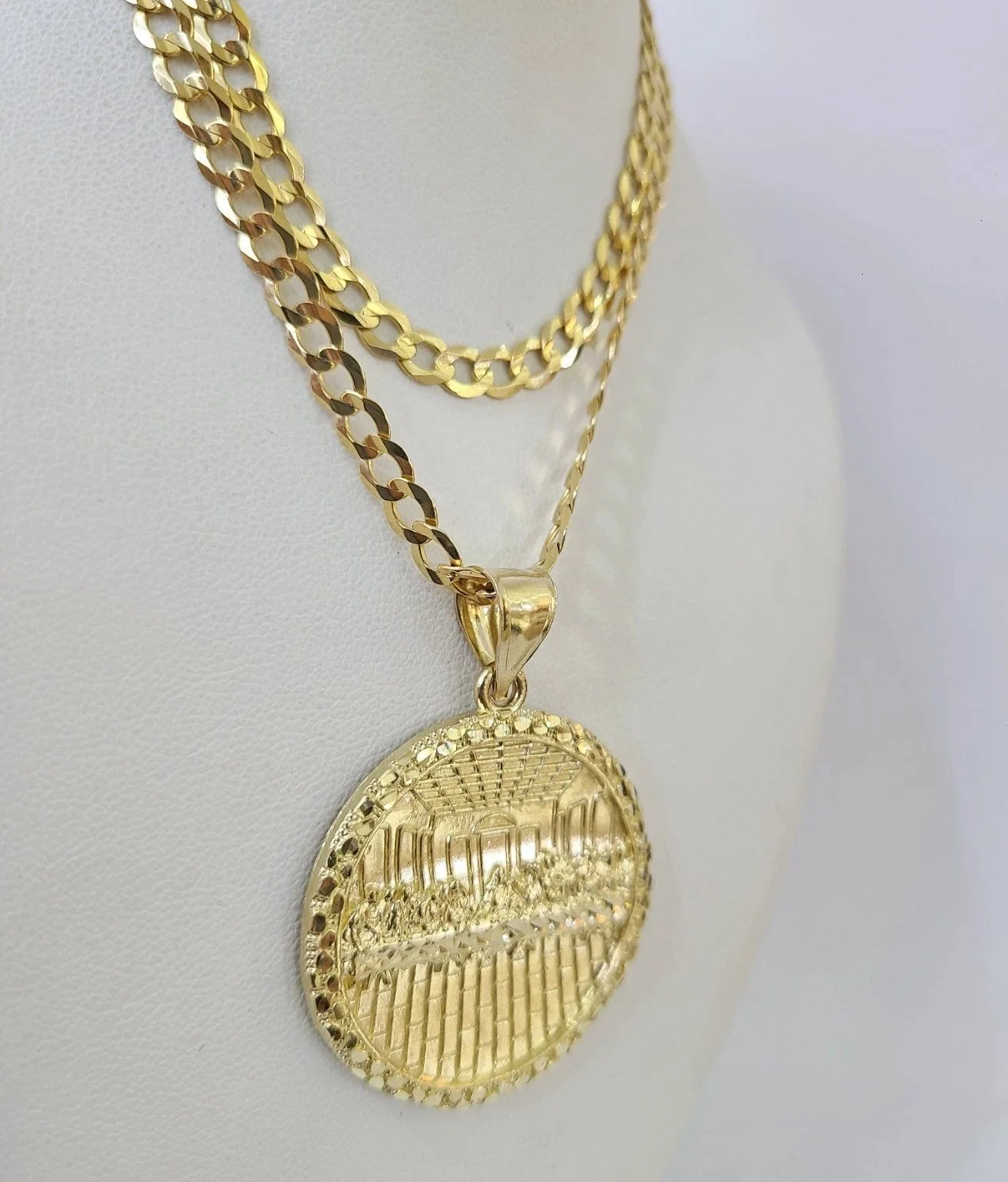 10k Gold Chain Last Supper Nugget Pendant Cuban Curb Link 5mm 18"-28" Inch SET - Image 2