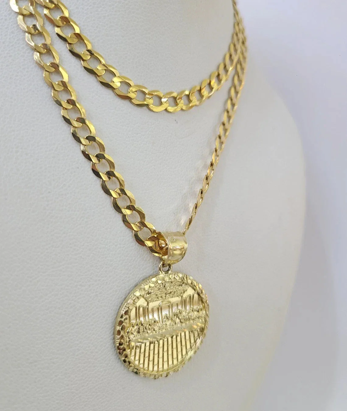 10k Gold Chain Last Supper Nugget Pendant Cuban Curb Link 5mm 18"-28" Inch SET