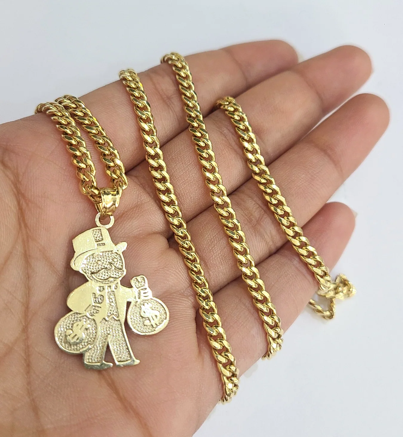 10k Gold Chain Miami Cuban Grandpa Money Bag Charm Set 4mm 18"28" Necklace - Image 2