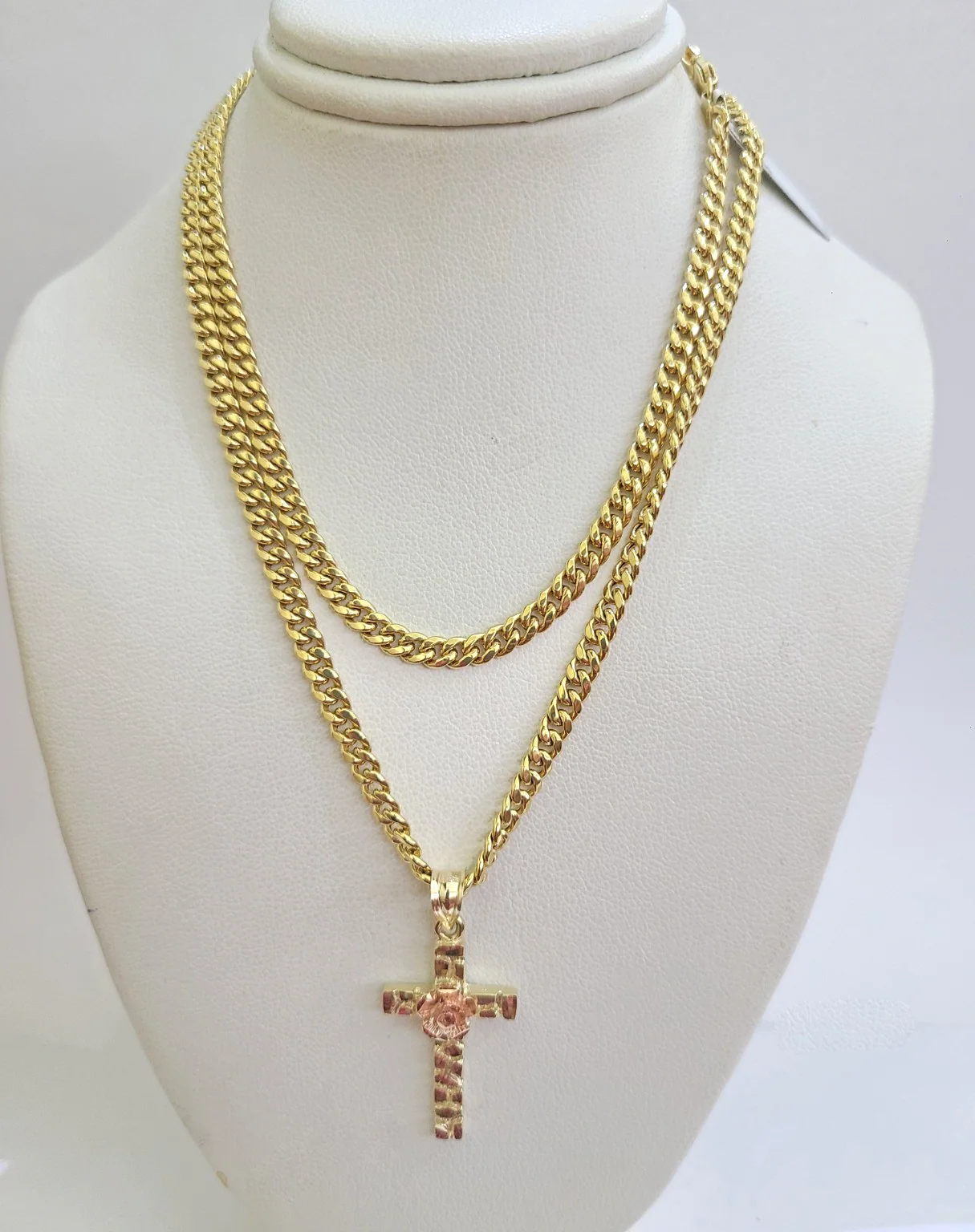 10k Gold Chain Miami Cuban Jesus Cross Charm Pendant Set 4mm 18"28" Necklace - Image 2