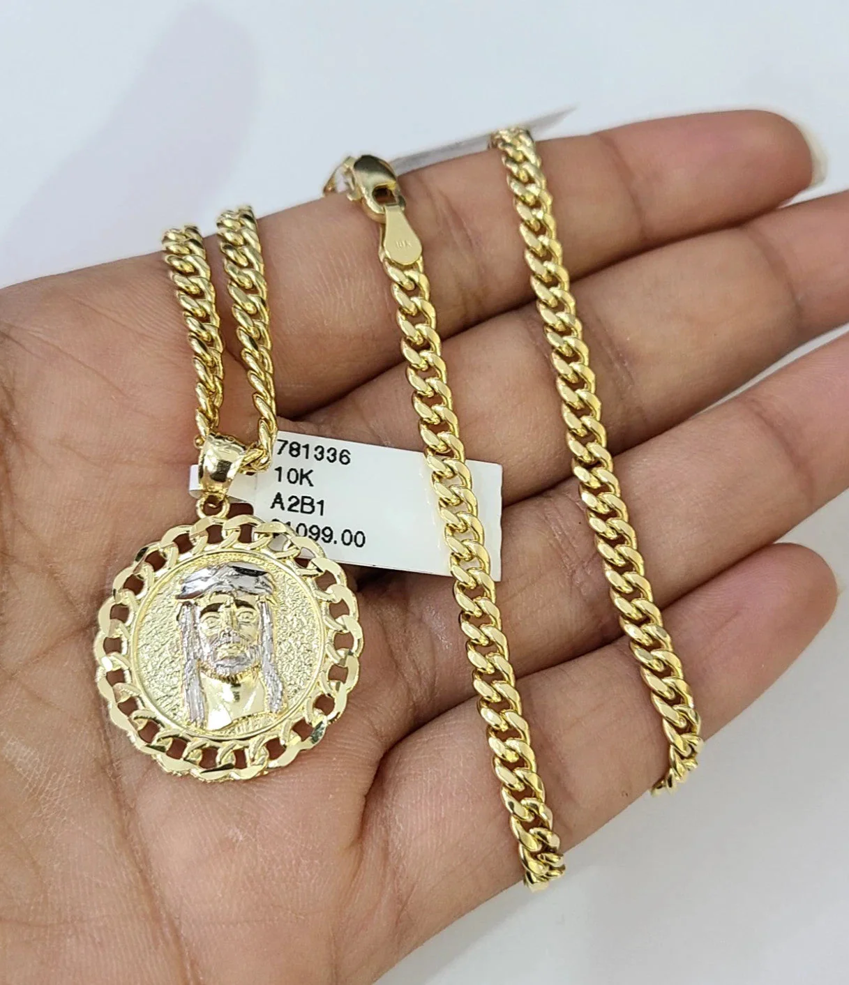10k Gold Chain Miami Cuban Jesus Head Charm Pendant Set 4mm 18"-28" Necklace