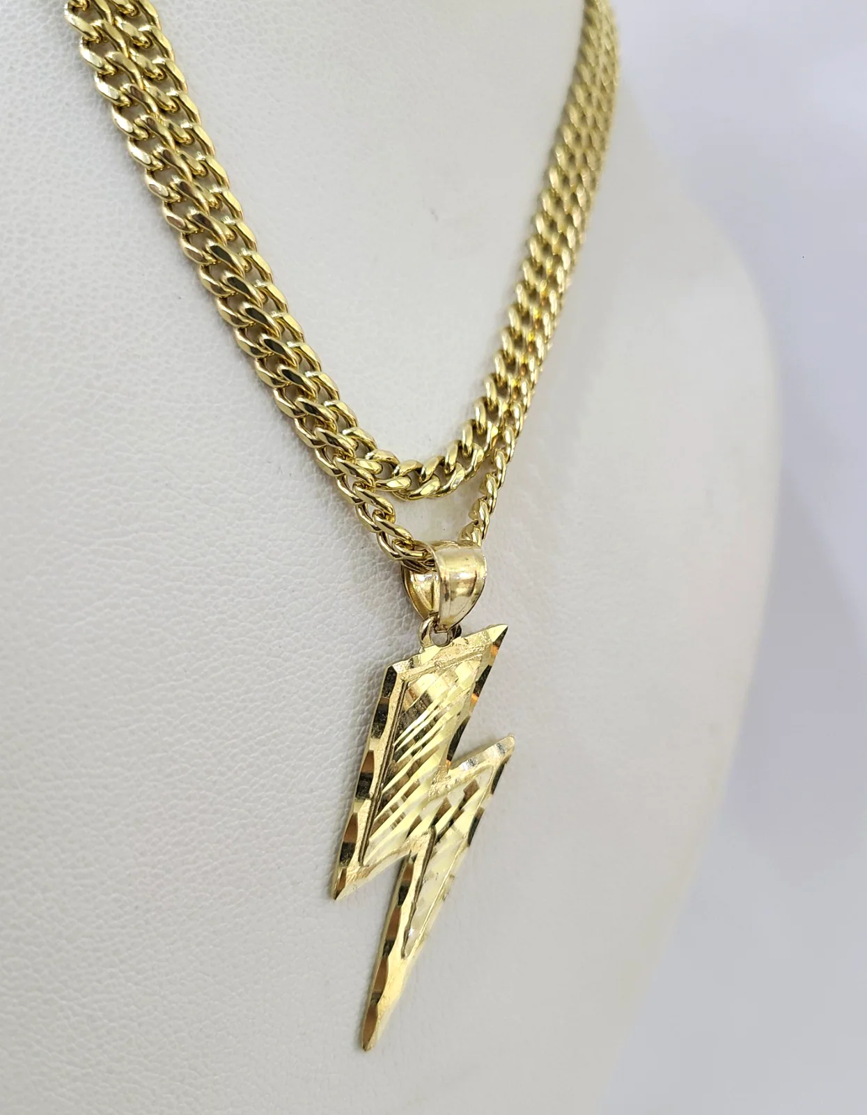 10k Gold Chain Miami Cuban Lightning Bolt Charm Pendant Set 3mm 18"-28" Necklace