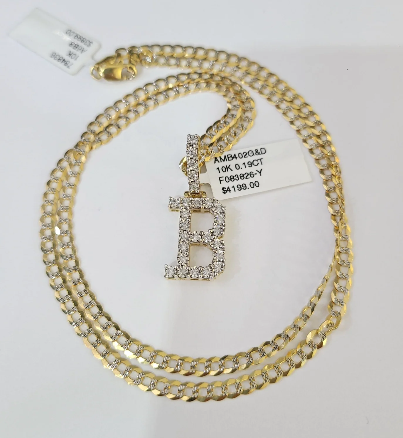 10k Gold Chain Necklace B Diamond Initial Pendant Set Cuban Curb 3mm 20"-30"
