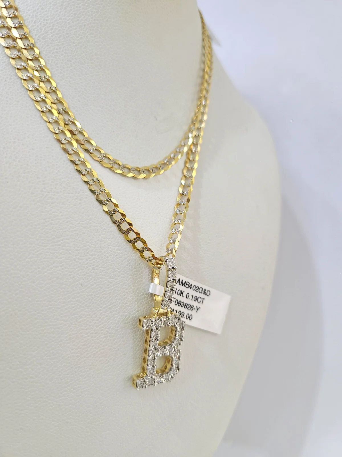 10k Gold Chain Necklace B Diamond Initial Pendant Set Cuban Curb 3mm 20"-30" - Image 5