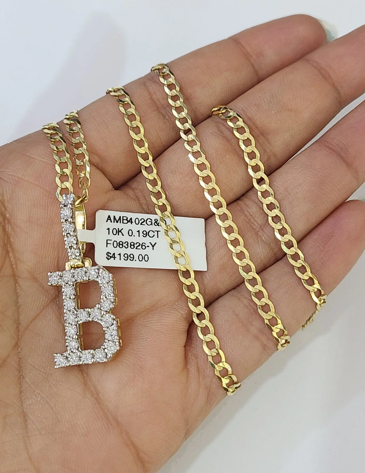 10k Gold Chain Necklace B Diamond Initial Pendant Set Cuban Curb 3mm 20"-30"