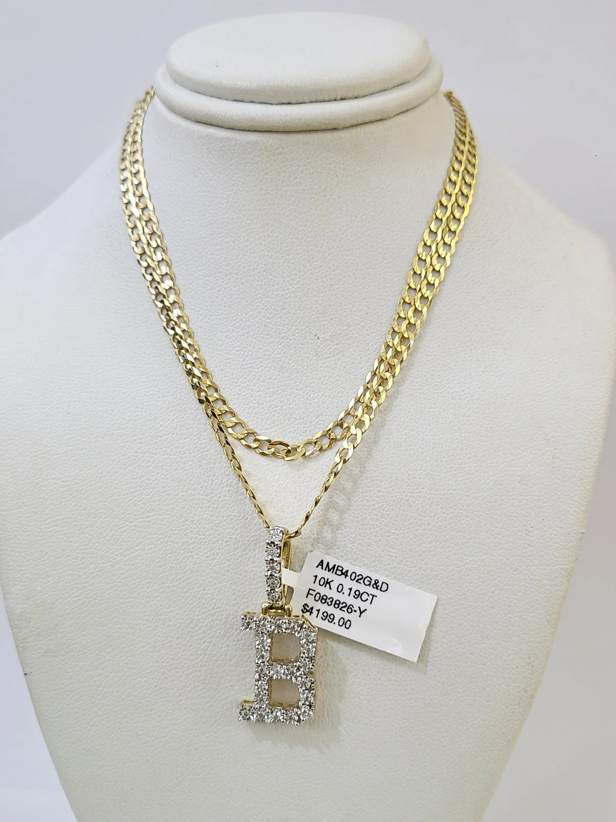 10k Gold Chain Necklace B Diamond Initial Pendant Set Cuban Curb 3mm 20"-30" - Image 3