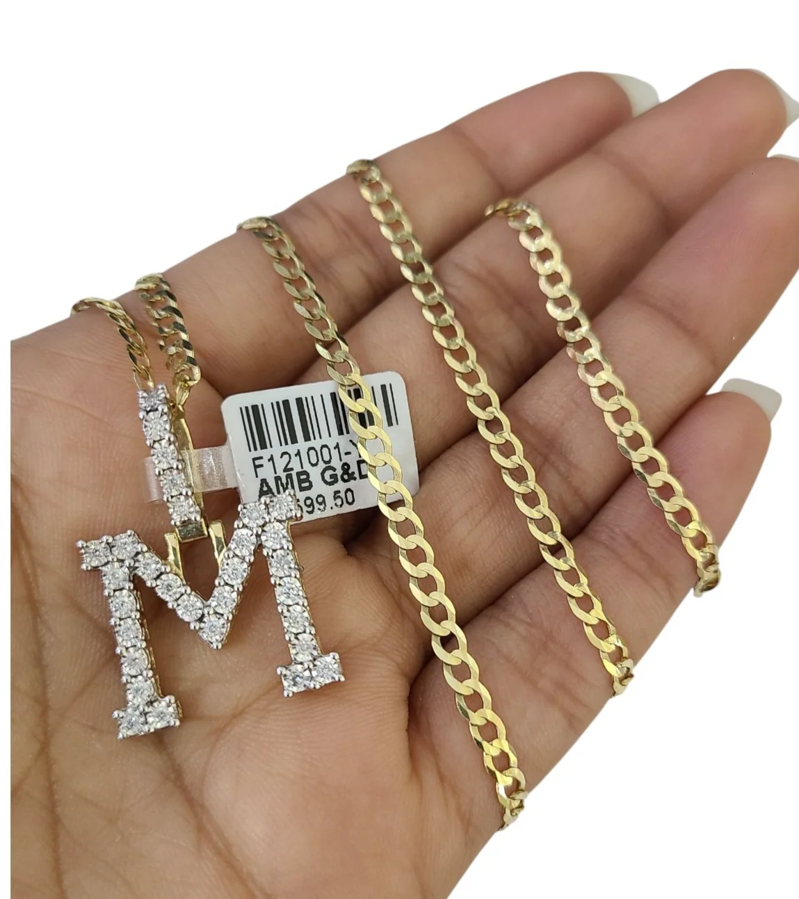 10k Gold Chain Necklace Cuban Curb M Diamond Initial Pendant Set 3mm 20"-30"