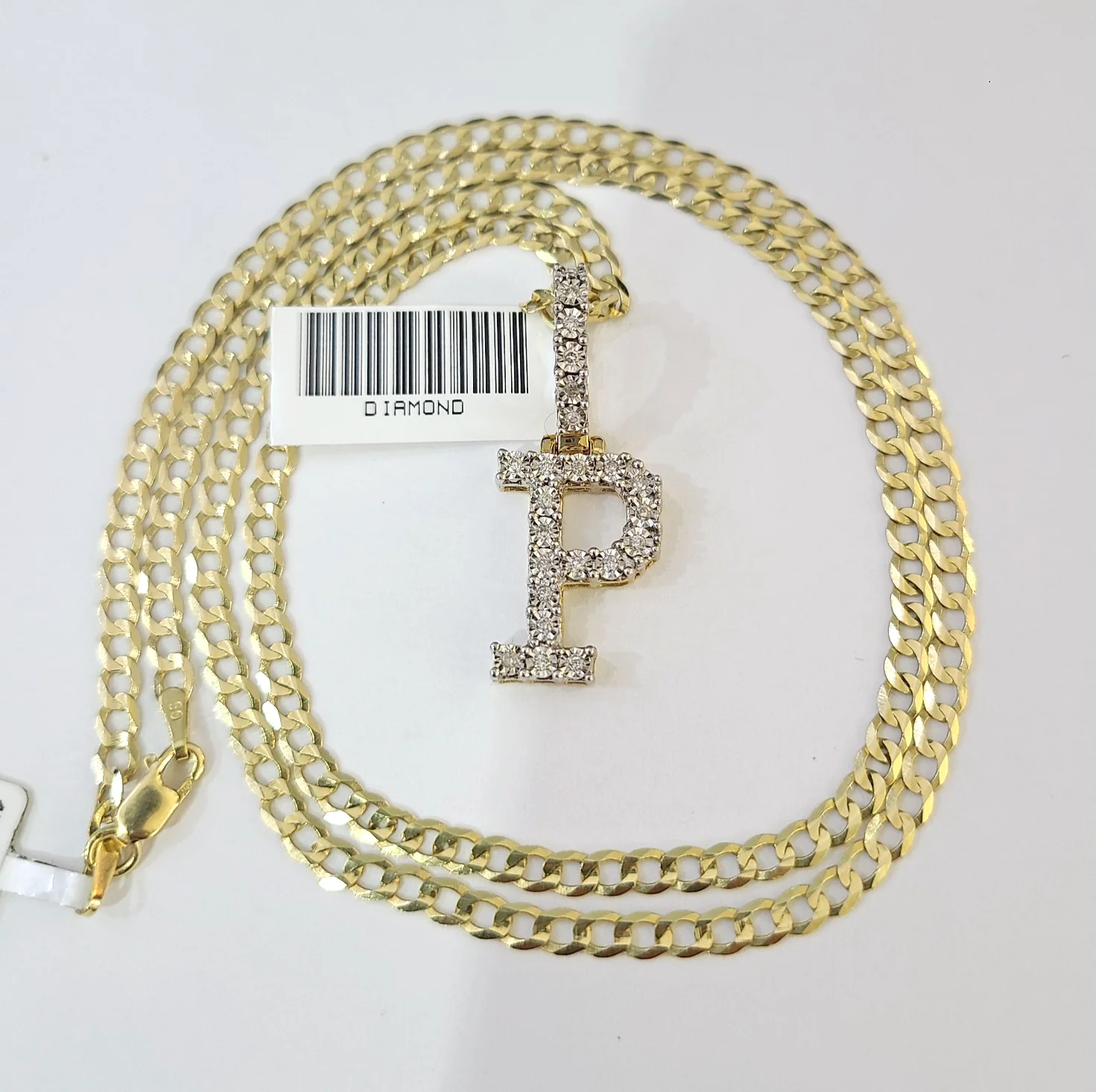 10k Gold Chain Necklace Cuban Curb P Diamond Initial Pendant Set 3mm 20"-30"