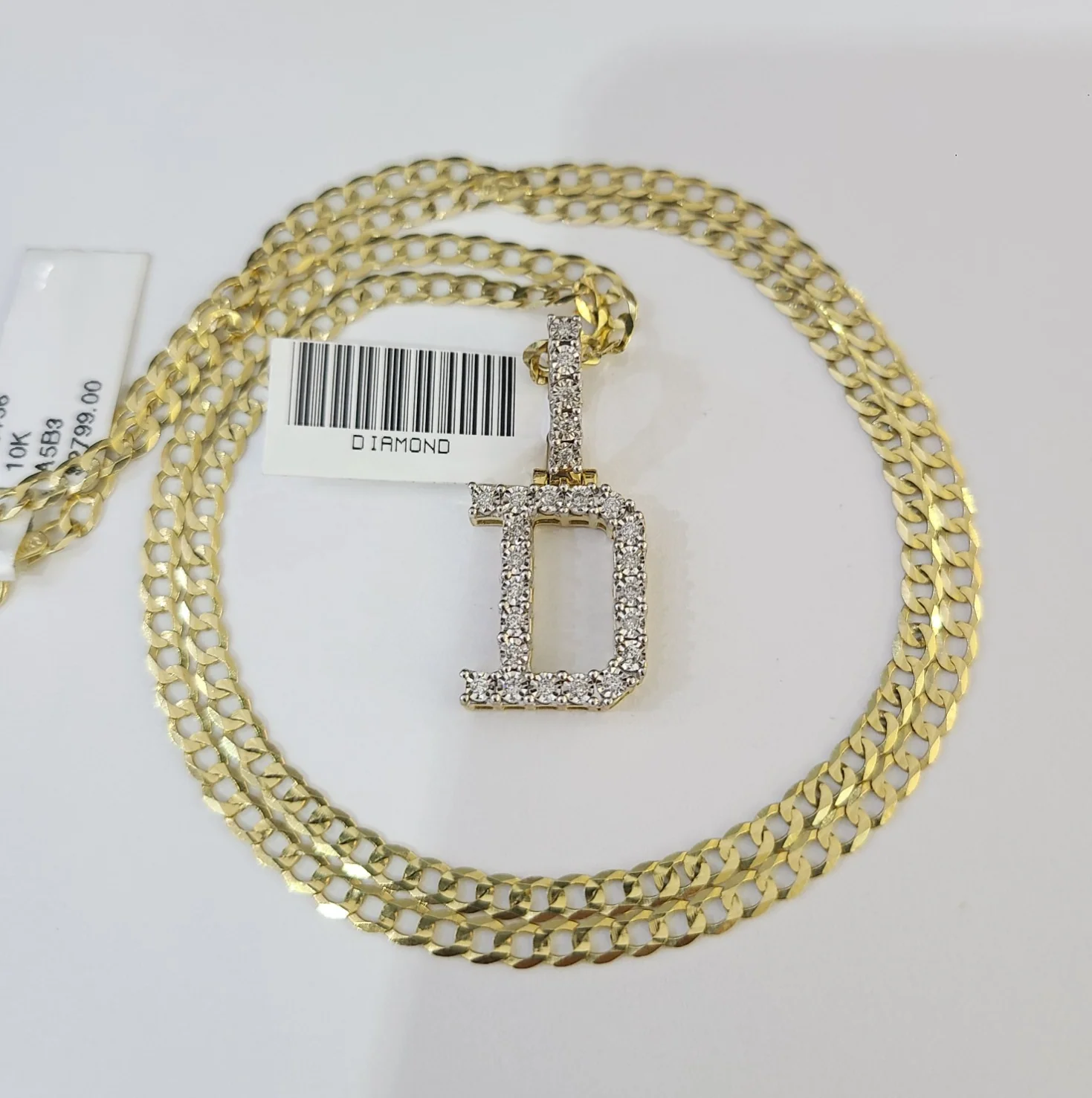 10k Gold Chain Necklace D Diamond Initial Pendant Set Cuban Curb 3mm 20"-30"