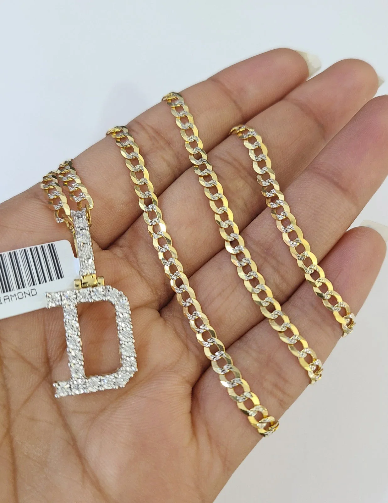 10k Gold Chain Necklace D Diamond Initial Pendant Set Cuban Curb 3mm 20"-30"