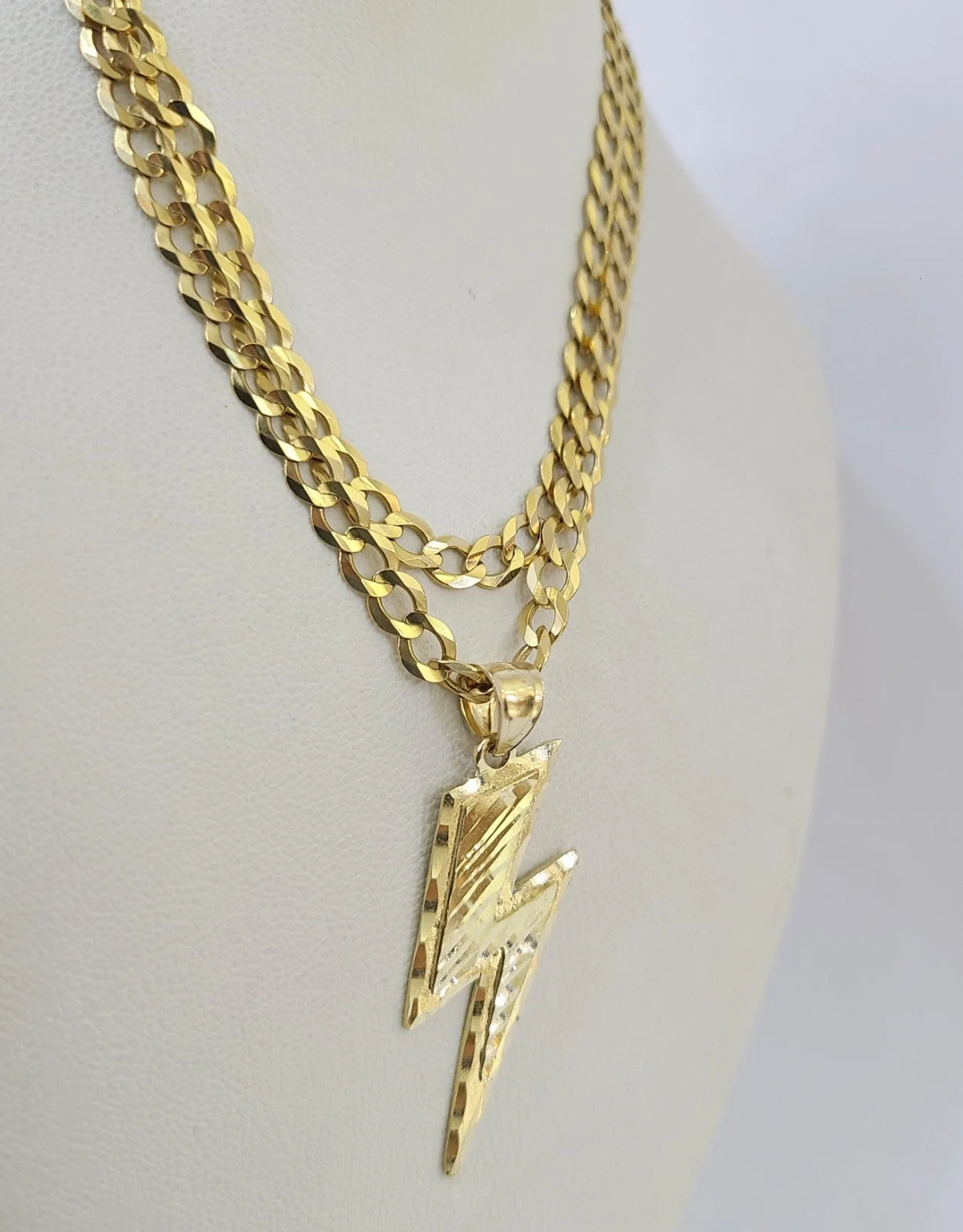 10k Gold Chain Necklace Lightning Bolt Pendant Set Cuban Curb 5mm 18"-28" Charm - Image 3
