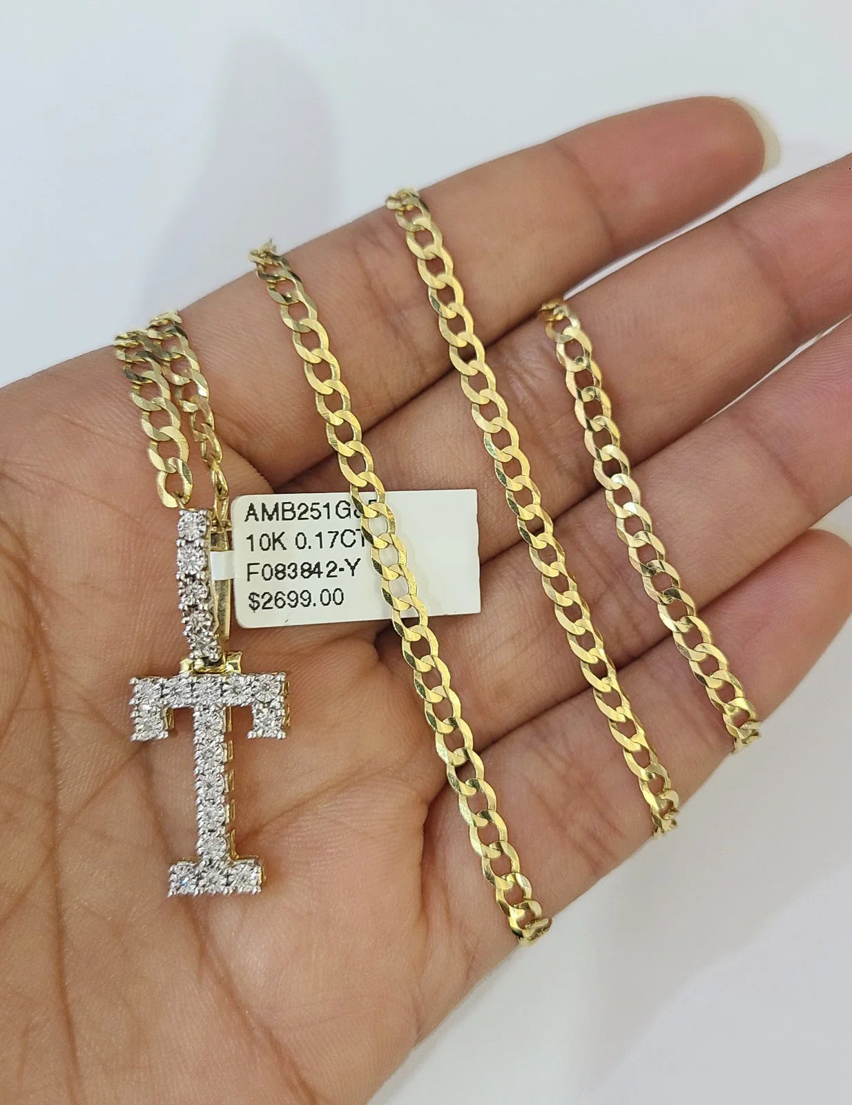 10k Gold Chain Necklace T Diamond Initial Pendant Set Cuban Curb 3mm 20"-30"