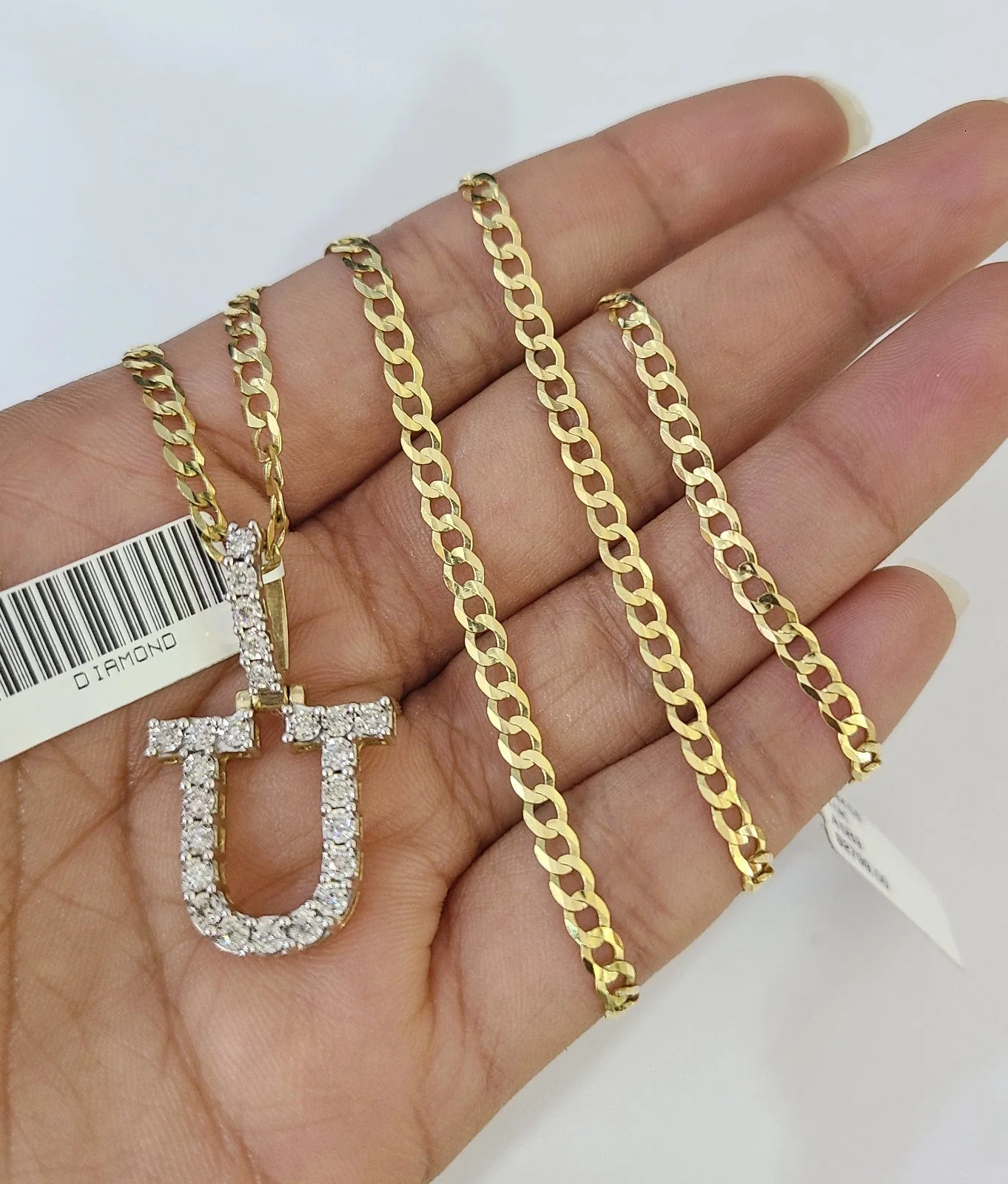 10k Gold Chain Necklace U Diamond Initial Pendant Set Cuban Curb 3mm 20"-30"