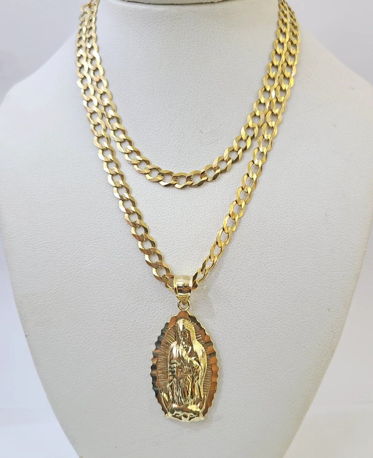 10k Gold Chain Necklace Virgin Mary Pendant Set Cuban Curb 4mm 18"-28" Charm - Image 4