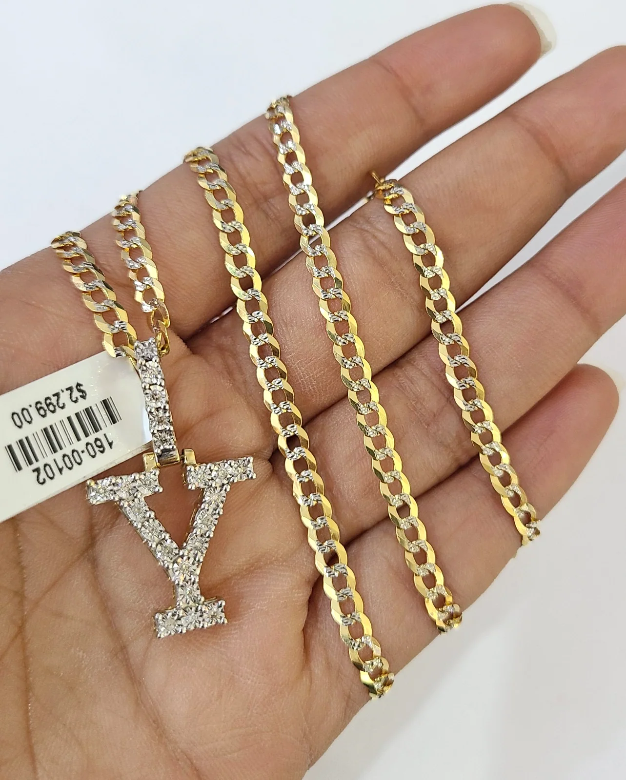 10k Gold Chain Necklace Y Diamond Initial Pendant Set Cuban Curb 3mm 20"-30"
