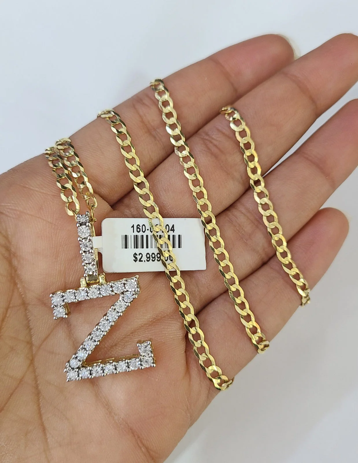 10k Gold Chain Necklace Z Diamond Initial Pendant Set Cuban Curb 3mm 20"-30"