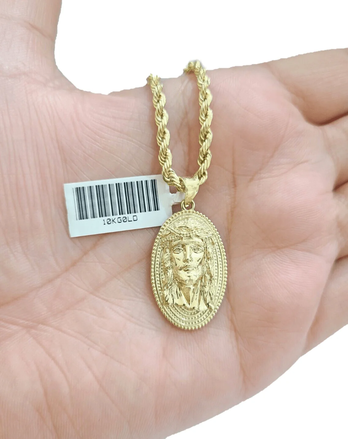 10k Gold Circular Jesus Head Charm Rope Chain Necklace 3mm 22''Set Pendant 10kt - Image 3