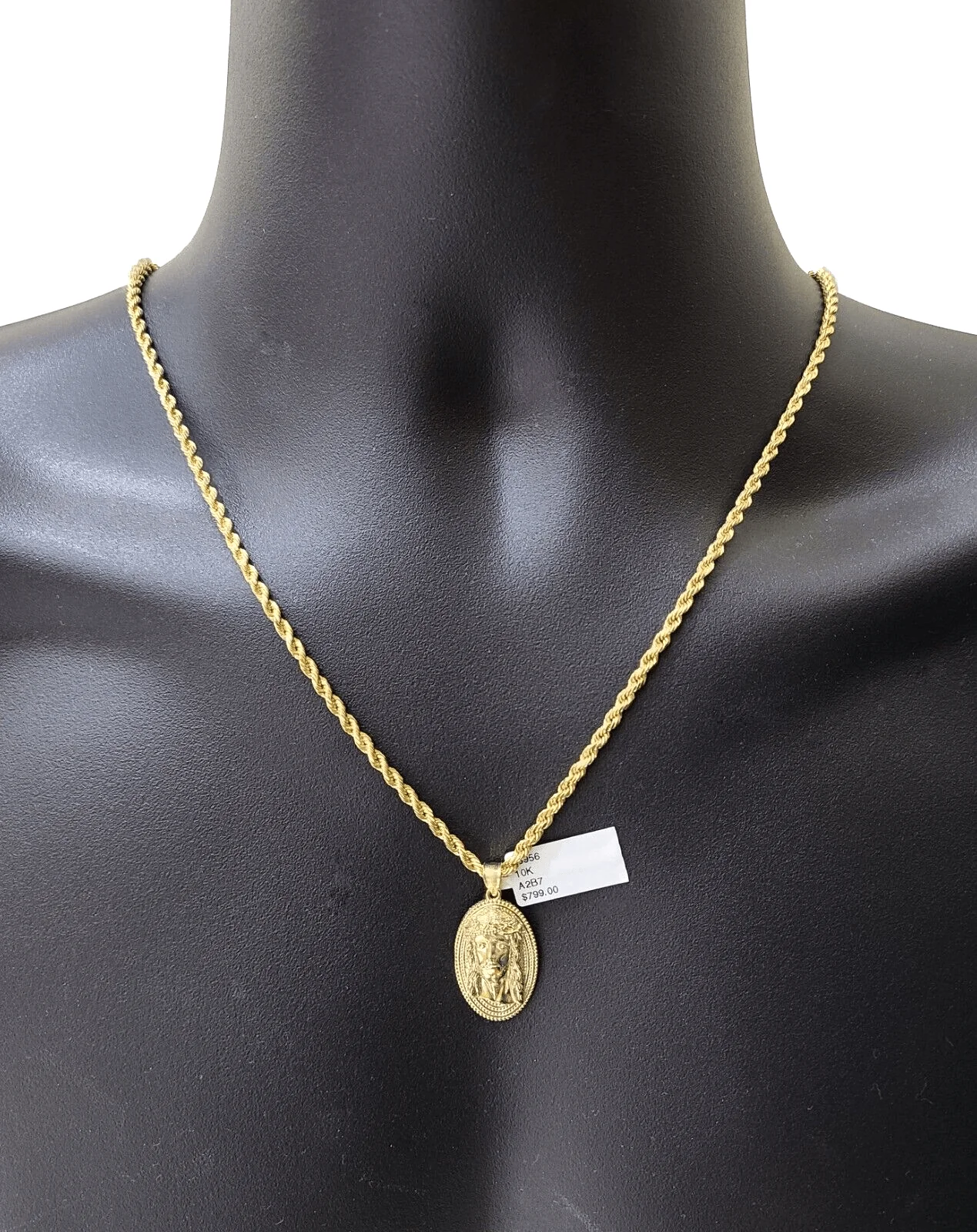 10k Gold Circular Jesus Head Charm Rope Chain Necklace 3mm 26'' Set Pendant 10kt - Image 3