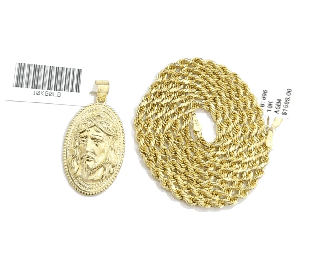 10k Gold Circular Jesus Head Charm Rope Chain Necklace 3mm 26'' Set Pendant 10kt - Image 3