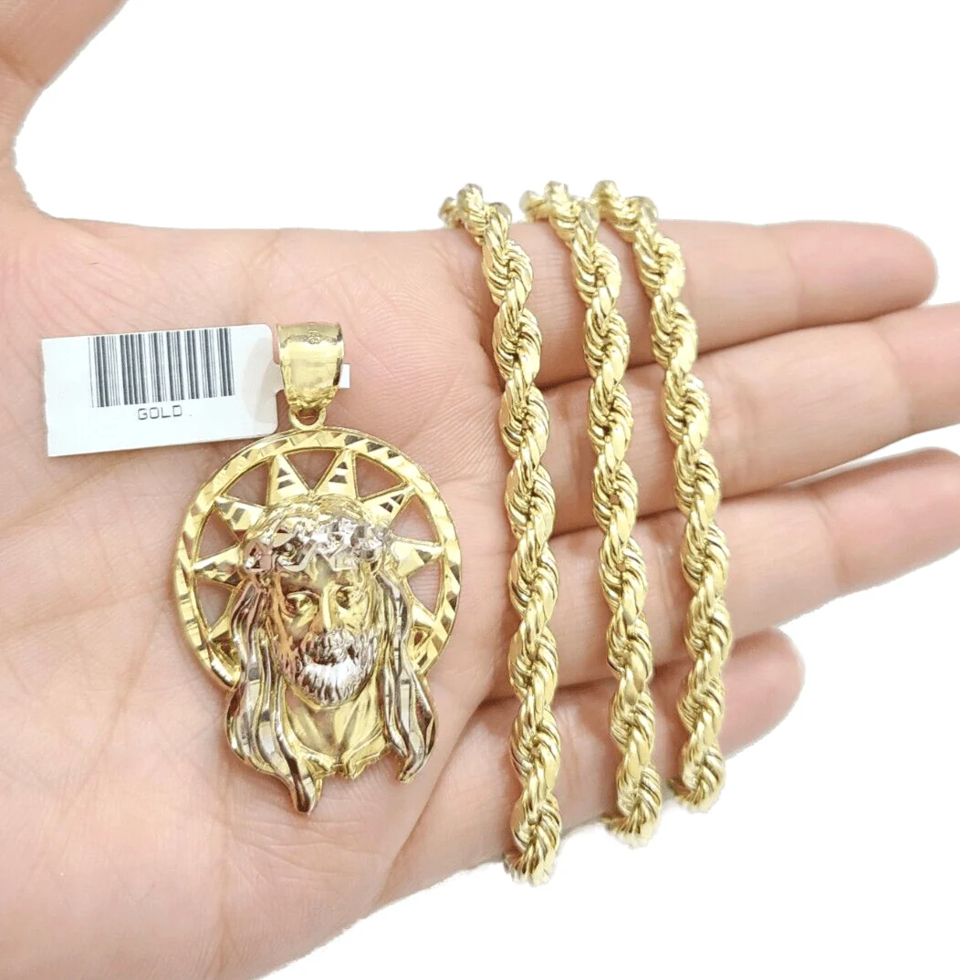 10k Gold Circular Jesus Star Head Charm Rope Chain Necklace 6mm 24'' Set Pendant - Image 2