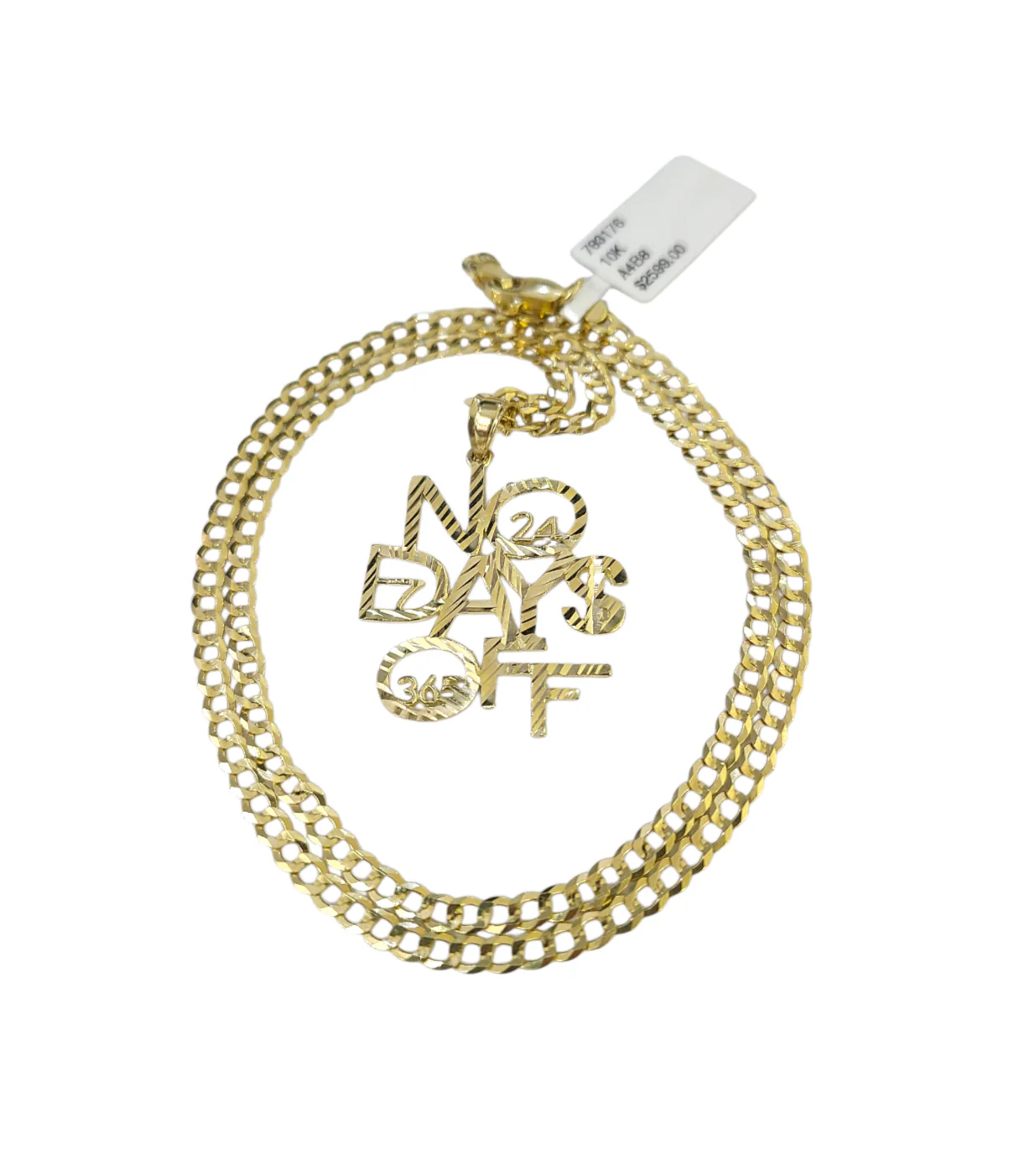 10k Gold Cuban Curb 3mm Chain Necklace No Days Off Charm Pendant 18"-28" Set