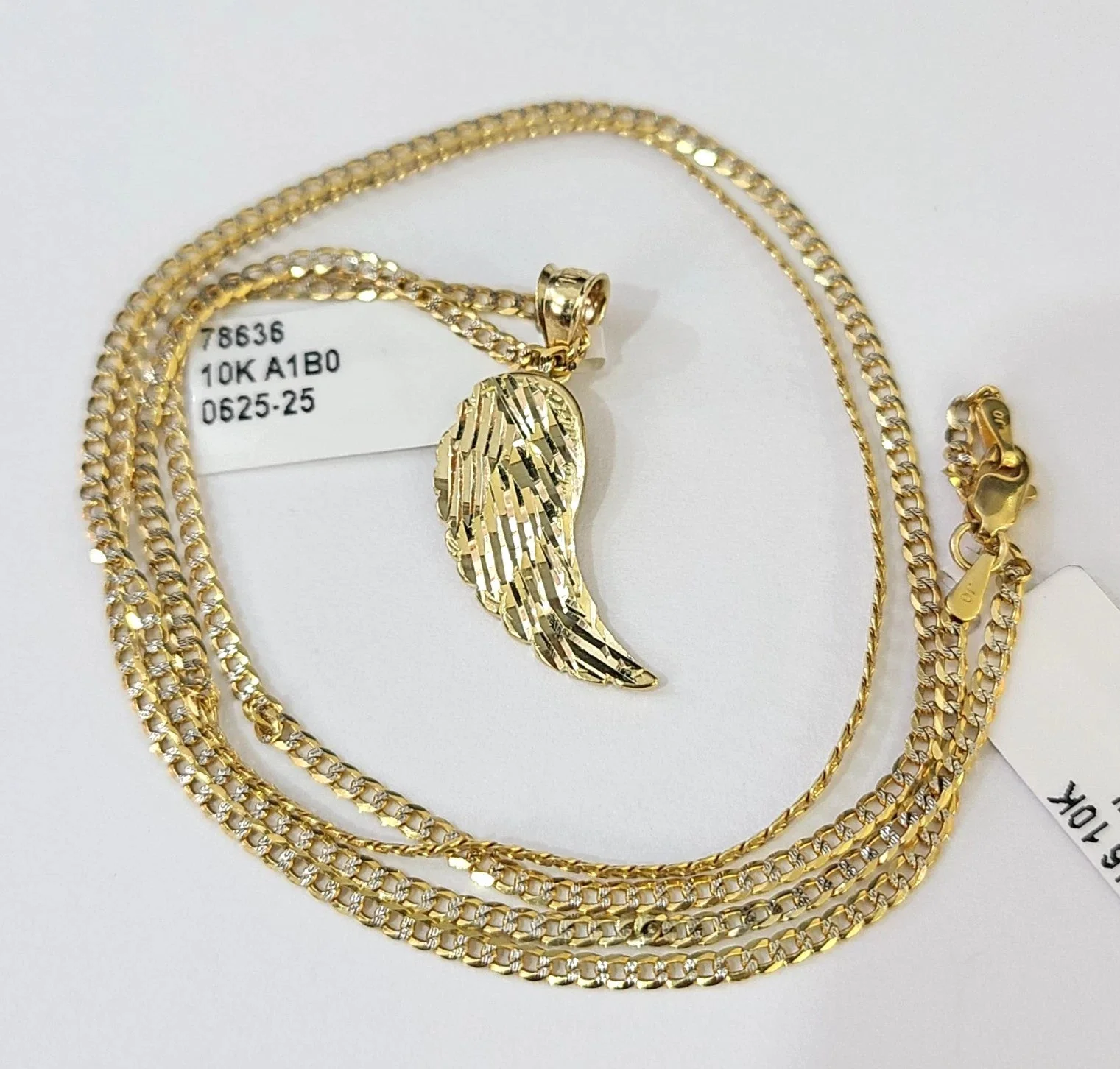 10k Gold Cuban Curb Chain Angel Wing Pendant Two Tone Charm Set 2mm Necklace - Image 5