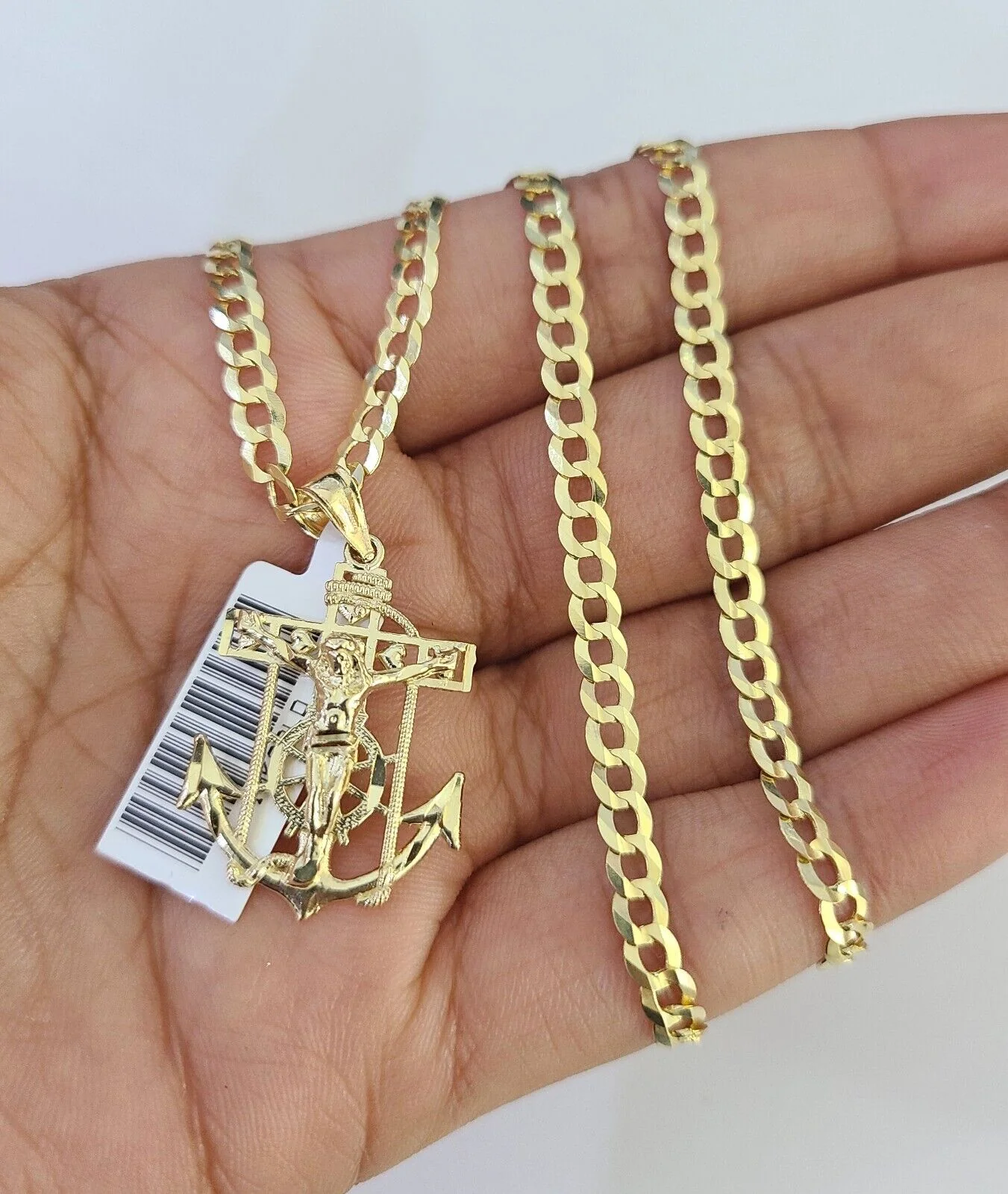 10k Gold Cuban Curb Chain Jesus Anchor Charm Solid 4mm 18"-28" SET Necklace - Image 4