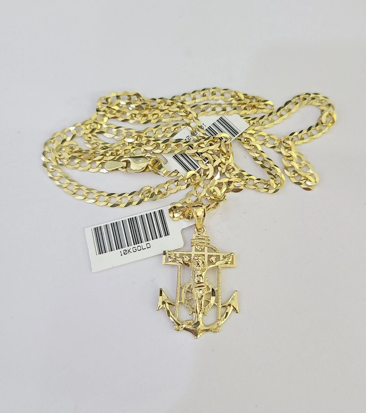 10k Gold Cuban Curb Chain Jesus Anchor Charm Solid 4mm 18"-28" SET Necklace - Image 5