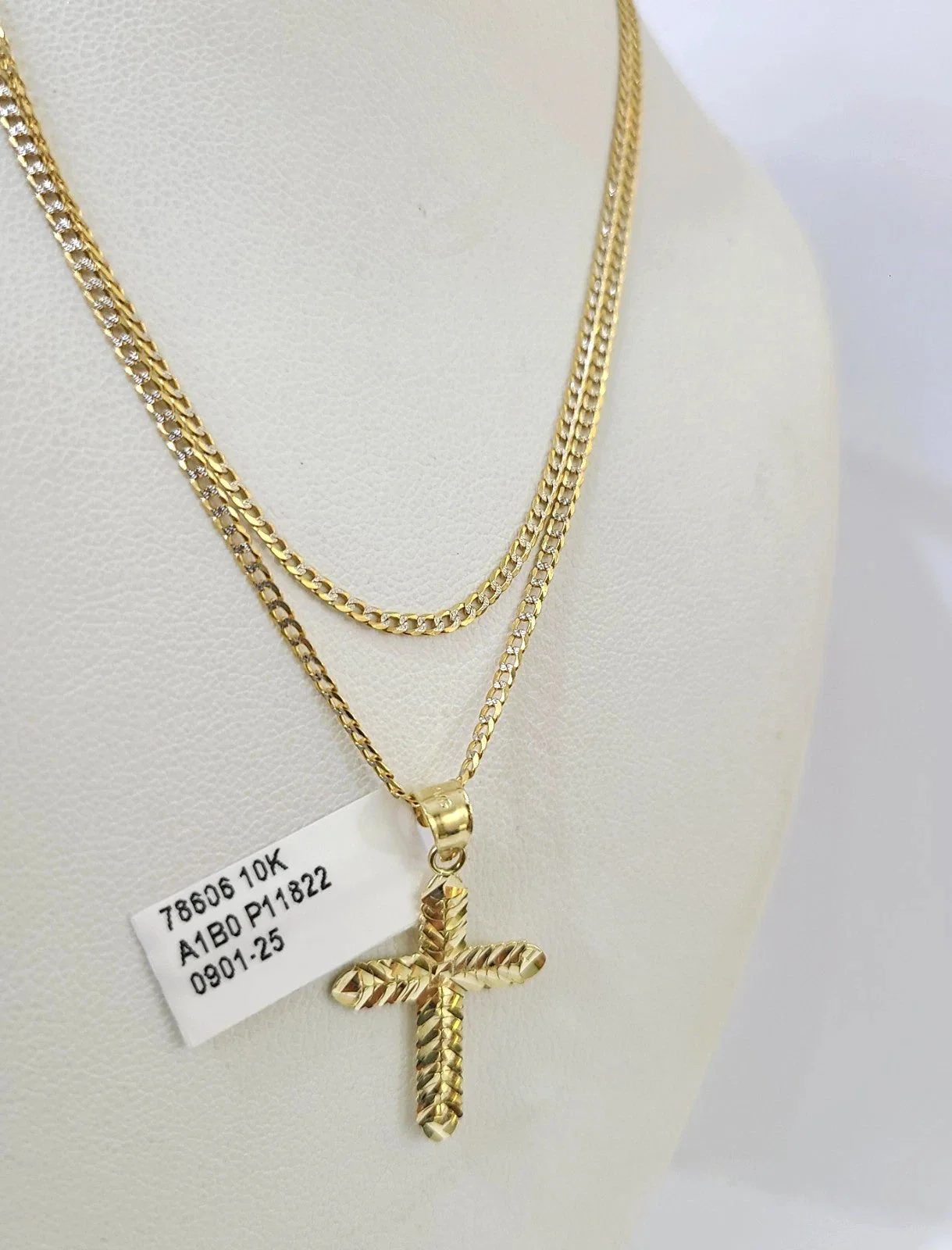 10k Gold Cuban Curb Chain Jesus Cross Pendant Two Tone Charm Set 2mm Necklace