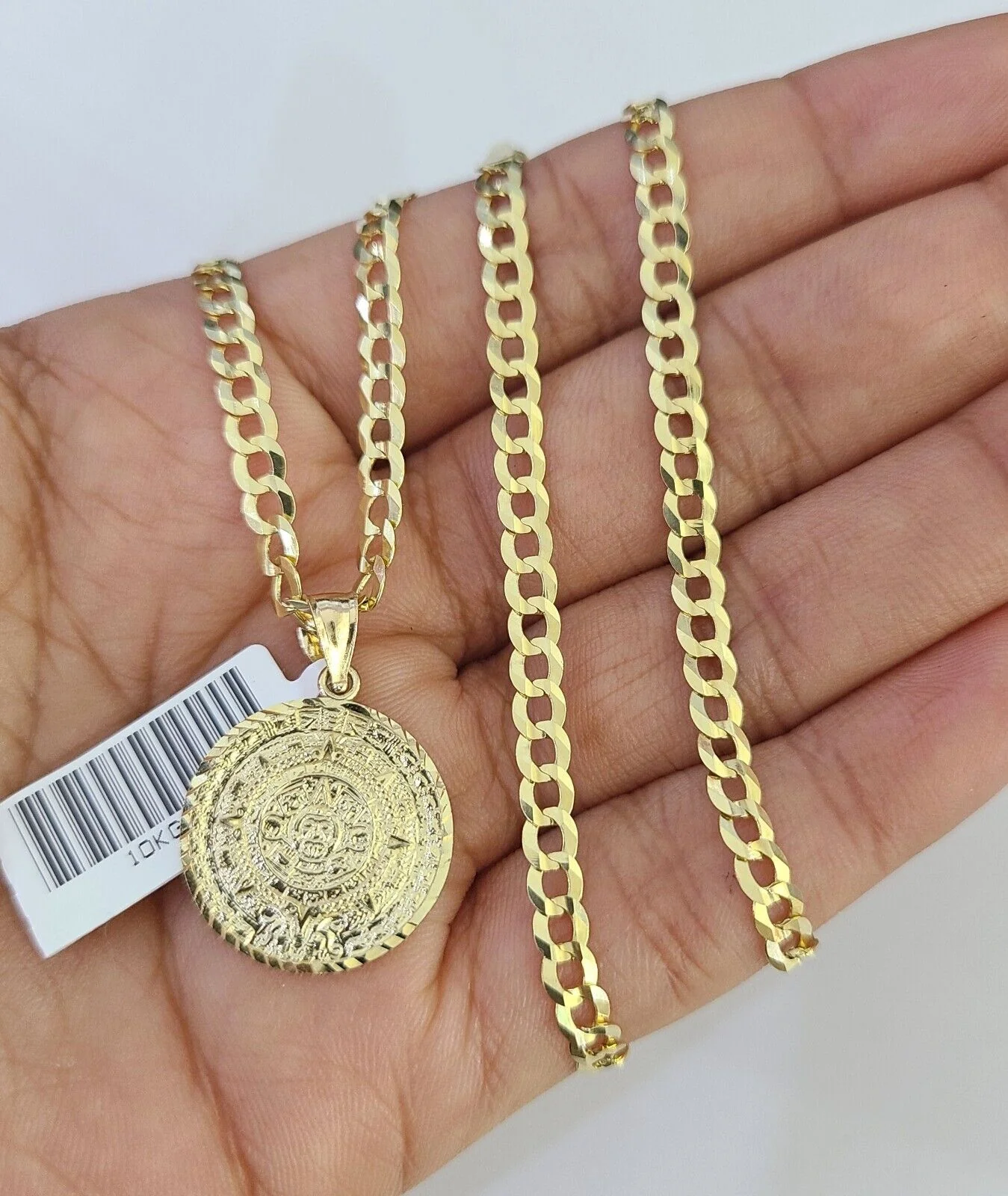 10k Gold Cuban Curb Chain Mayan Calendar Charm Solid 4mm 18"-28" SET Necklace - Image 4