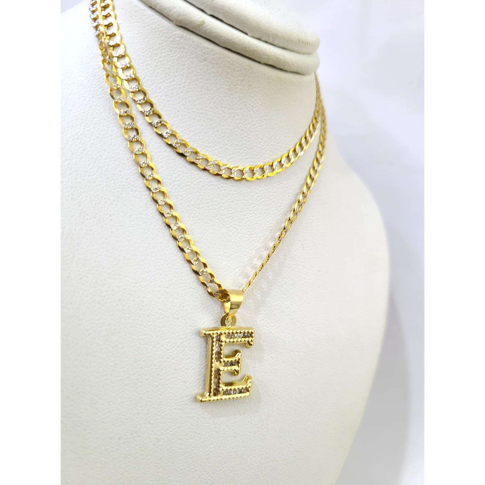 10k Gold Cuban Curb Chain Necklace E Initial Alphabet Pendant Charm 3mm Necklace - Image 2