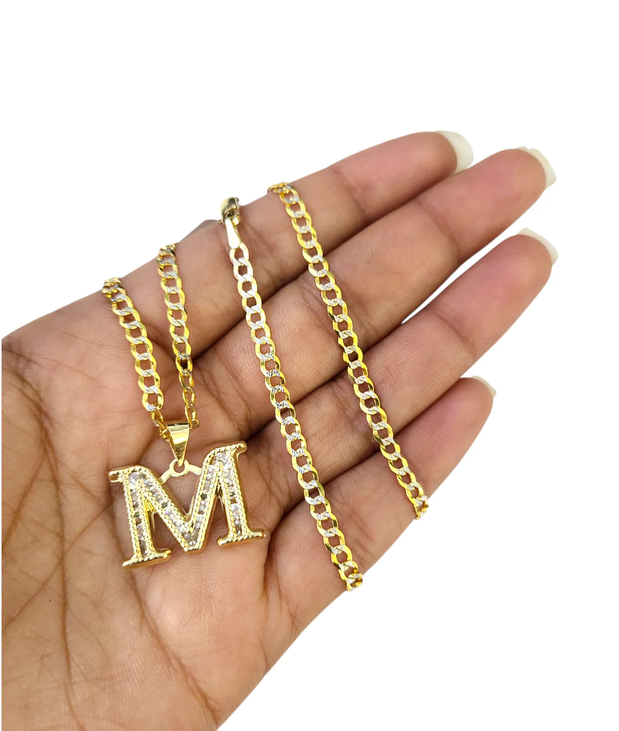 10k Gold Cuban Curb Chain Necklace M Initial Alphabet Pendant Charm 3mm Necklace