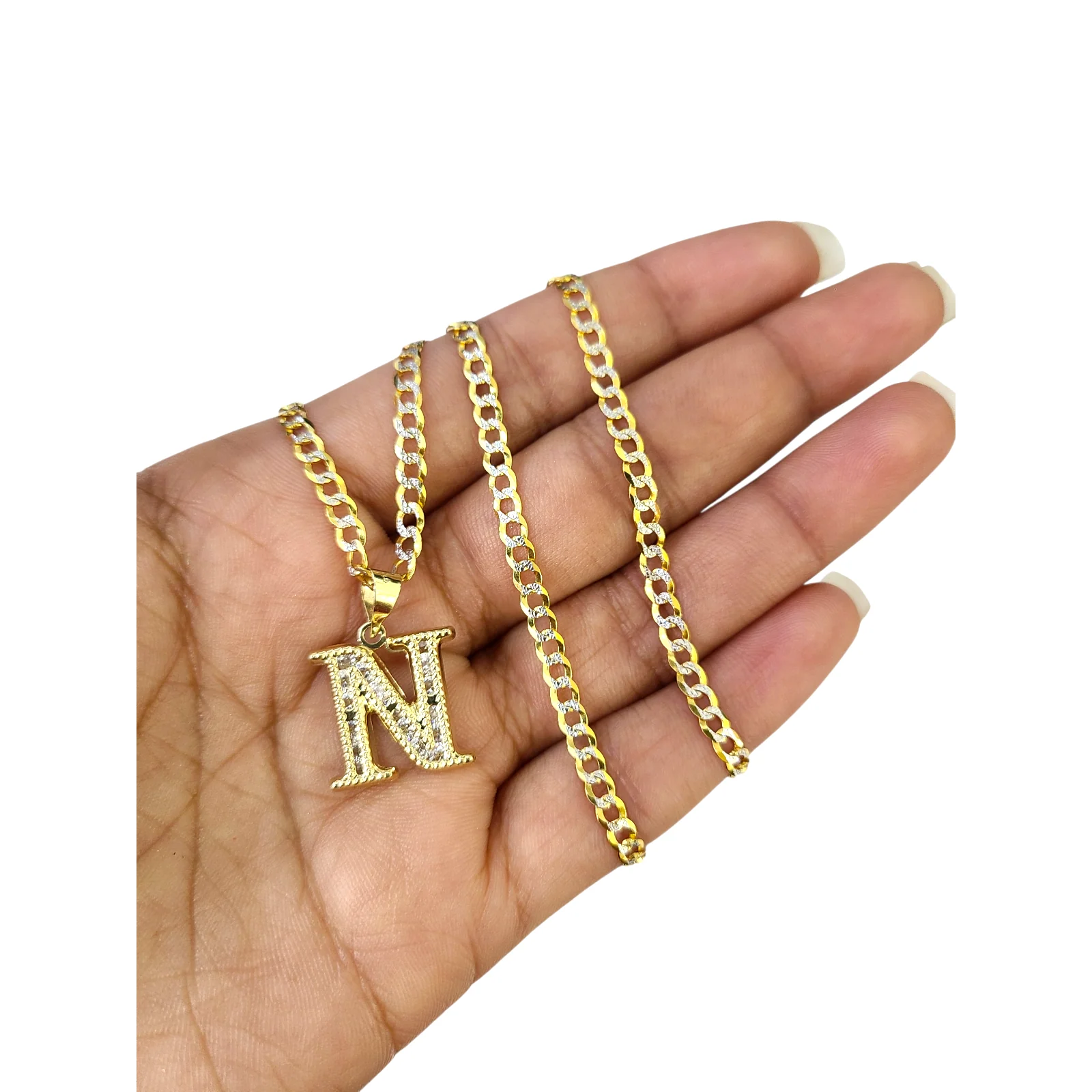 10k Gold Cuban Curb Chain Necklace N Initial Alphabet Pendant Charm 3mm Necklace