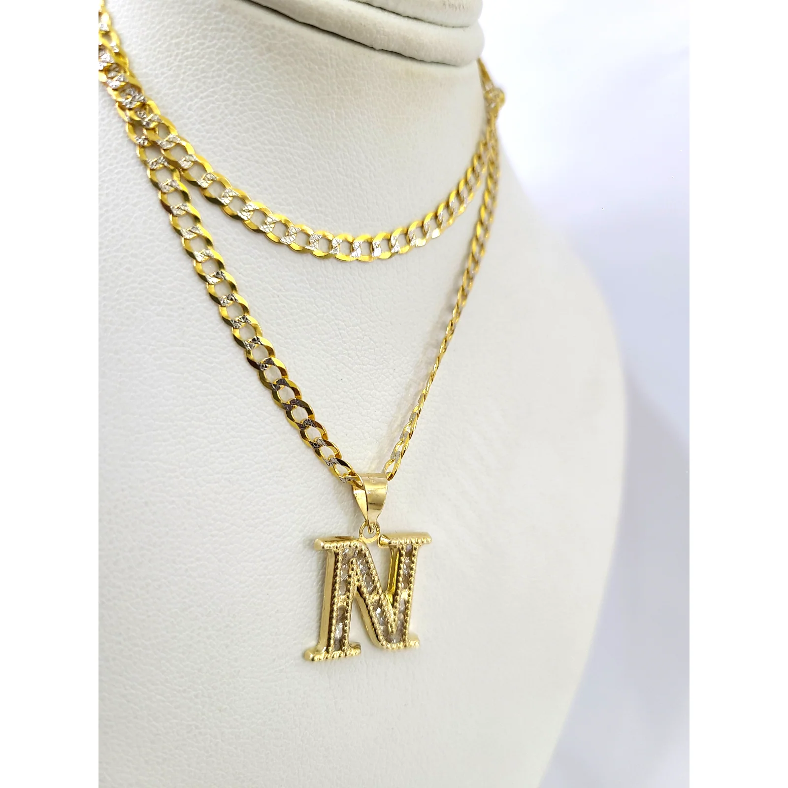10k Gold Cuban Curb Chain Necklace N Initial Alphabet Pendant Charm 3mm Necklace - Image 2