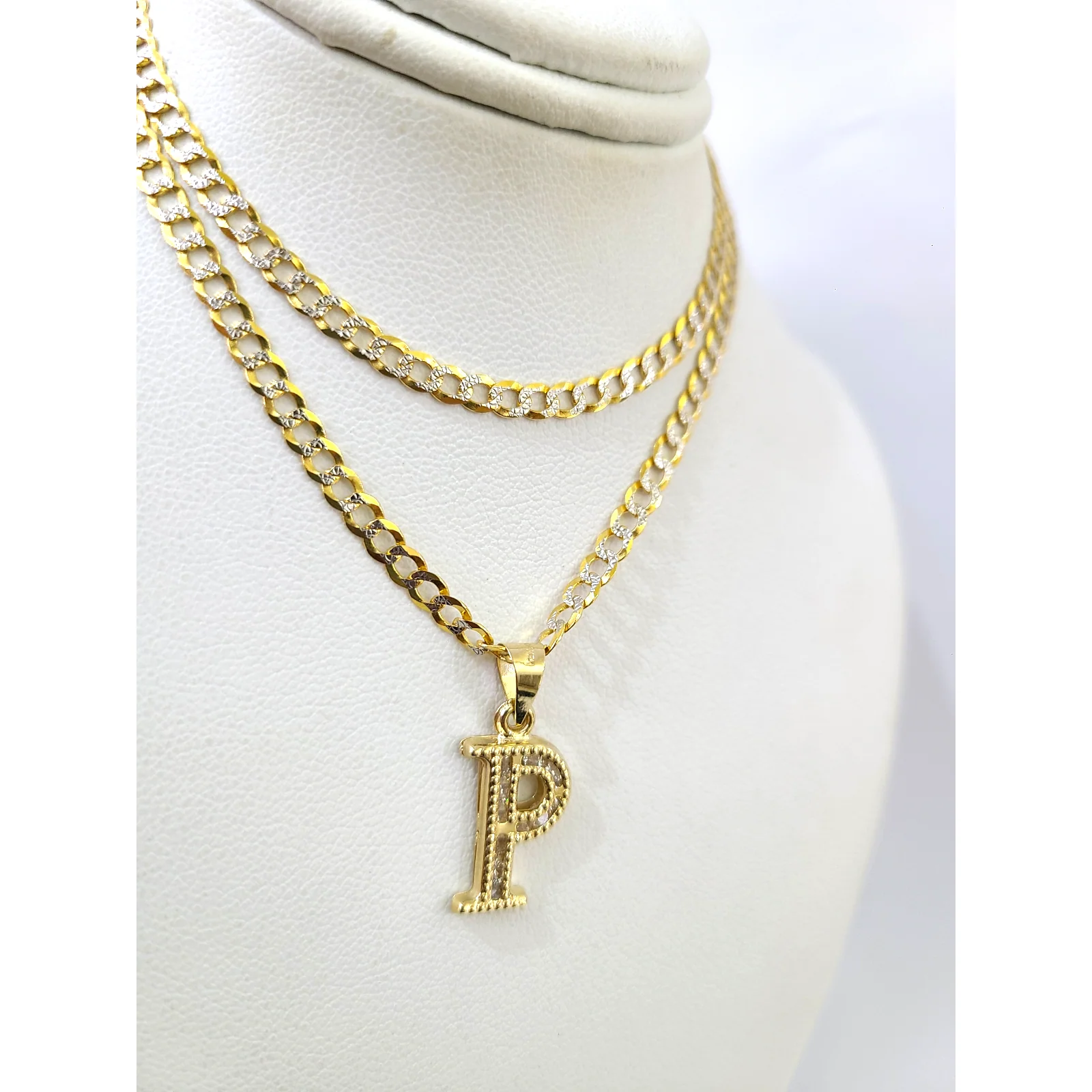 10k Gold Cuban Curb Chain Necklace P Initial Alphabet Pendant Charm 3mm Necklace - Image 2