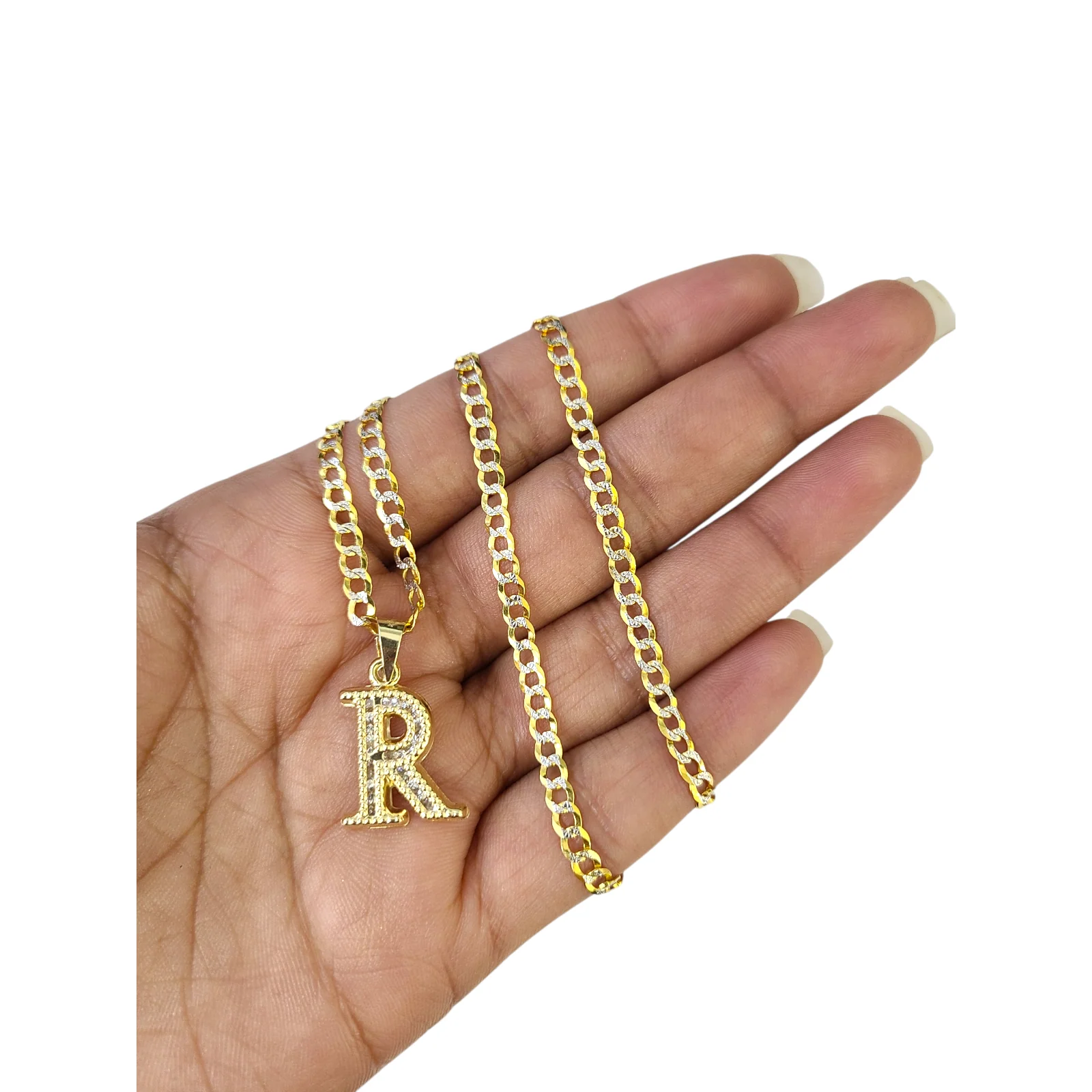 10k Gold Cuban Curb Chain Necklace R Initial Alphabet Pendant Charm 3mm Necklace