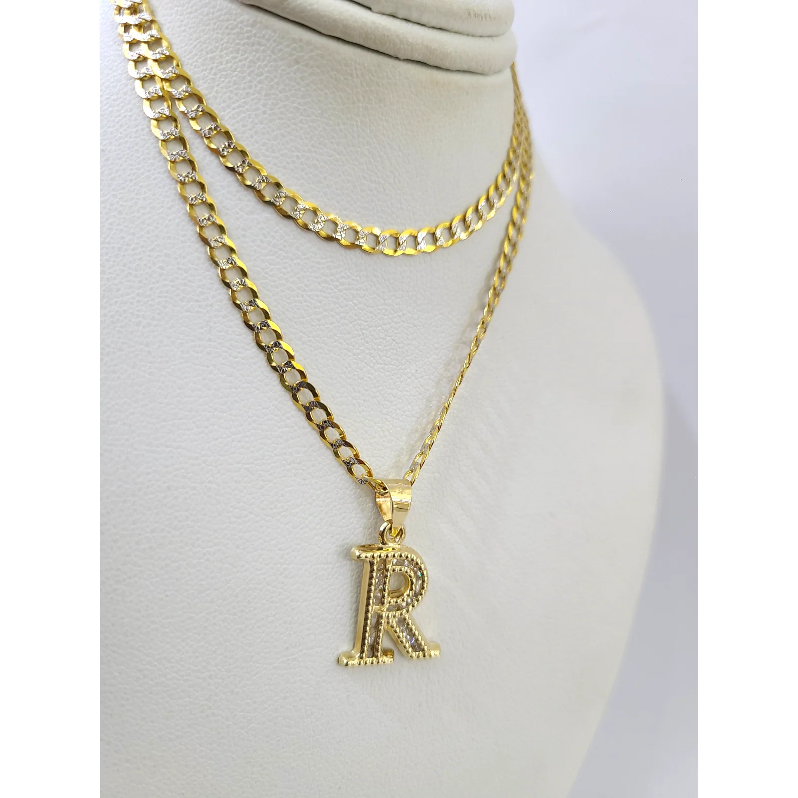 10k Gold Cuban Curb Chain Necklace R Initial Alphabet Pendant Charm 3mm Necklace - Image 2