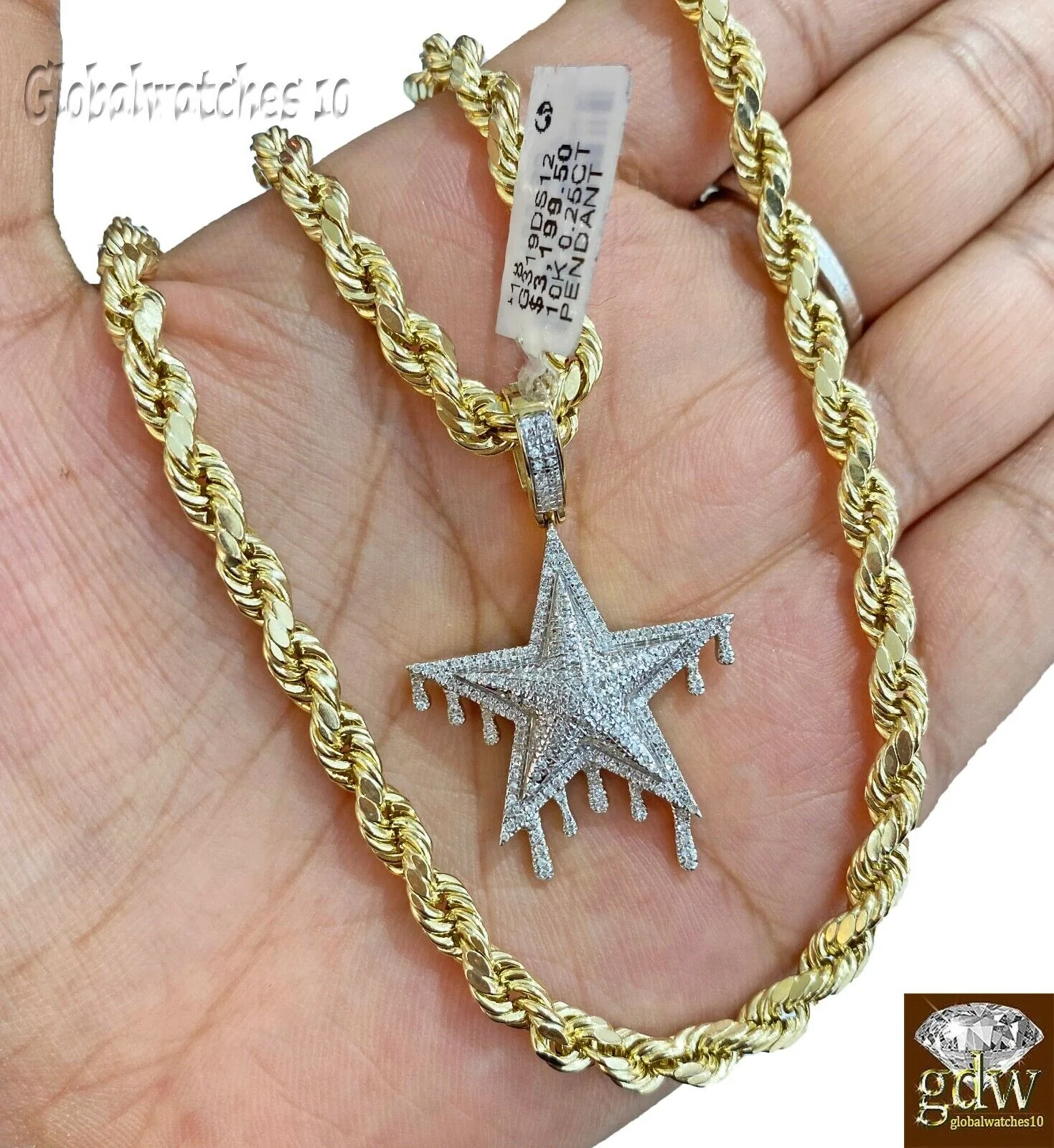 10k Gold Diamond Charm with Rope Chain in 20 22 24 26 inch Star Shape Pendant - Image 4