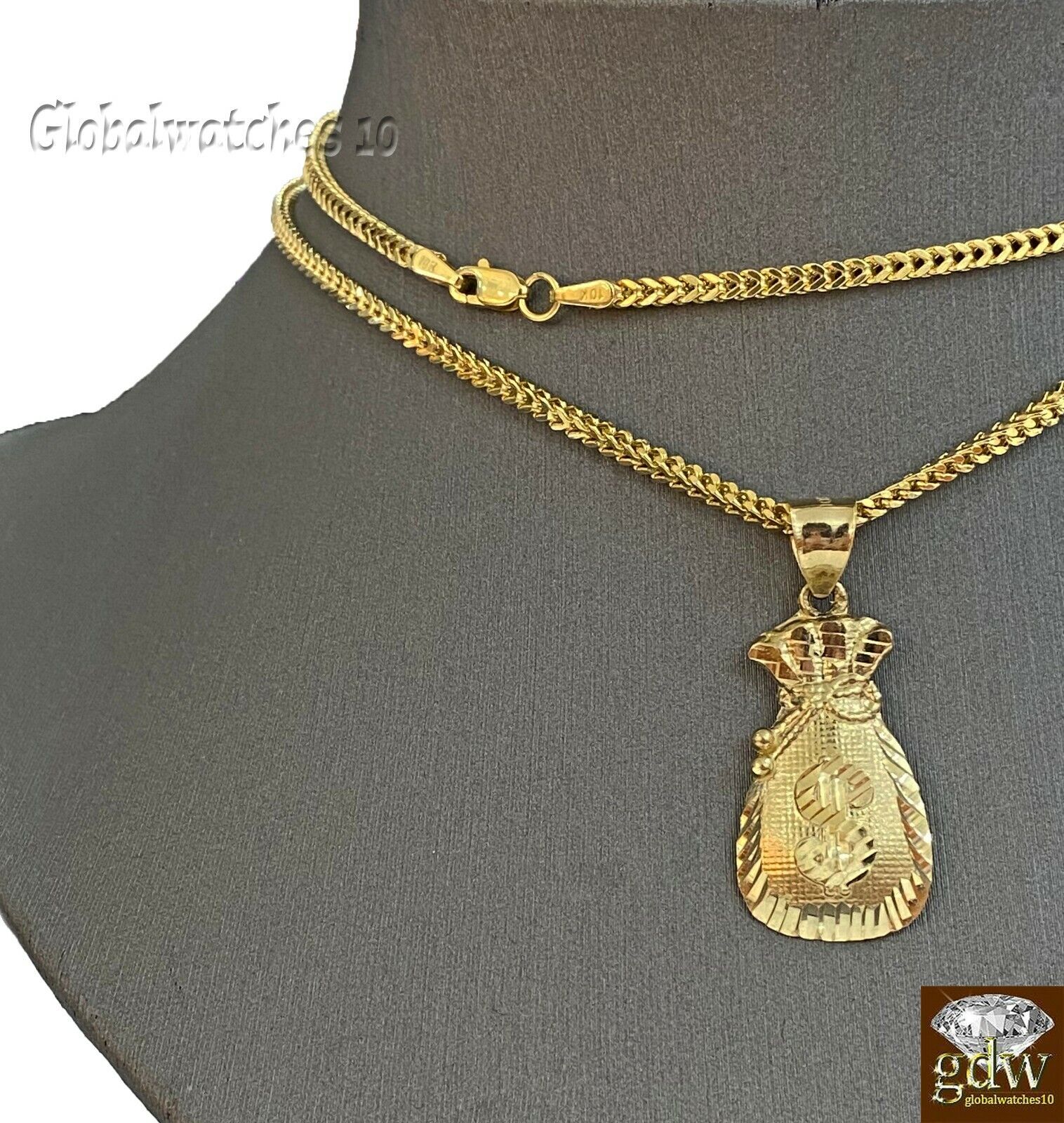 10k Gold Dollar Bag Charm Pendant Franco Chain 22 24 26 28 Inch Real - Image 4