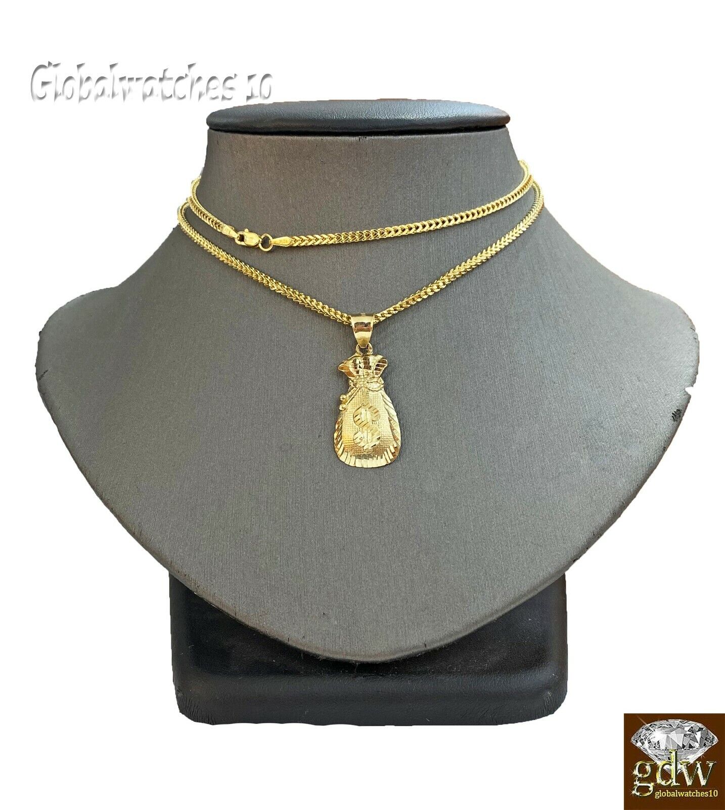 10k Gold Dollar Bag Charm Pendant Franco Chain 22 24 26 28 Inch Real - Image 8