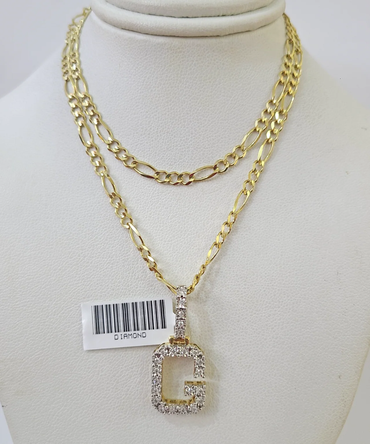 10k Gold Figaro Chain G Diamond Initial Pendant 3mm 20-28 inch SET Necklace