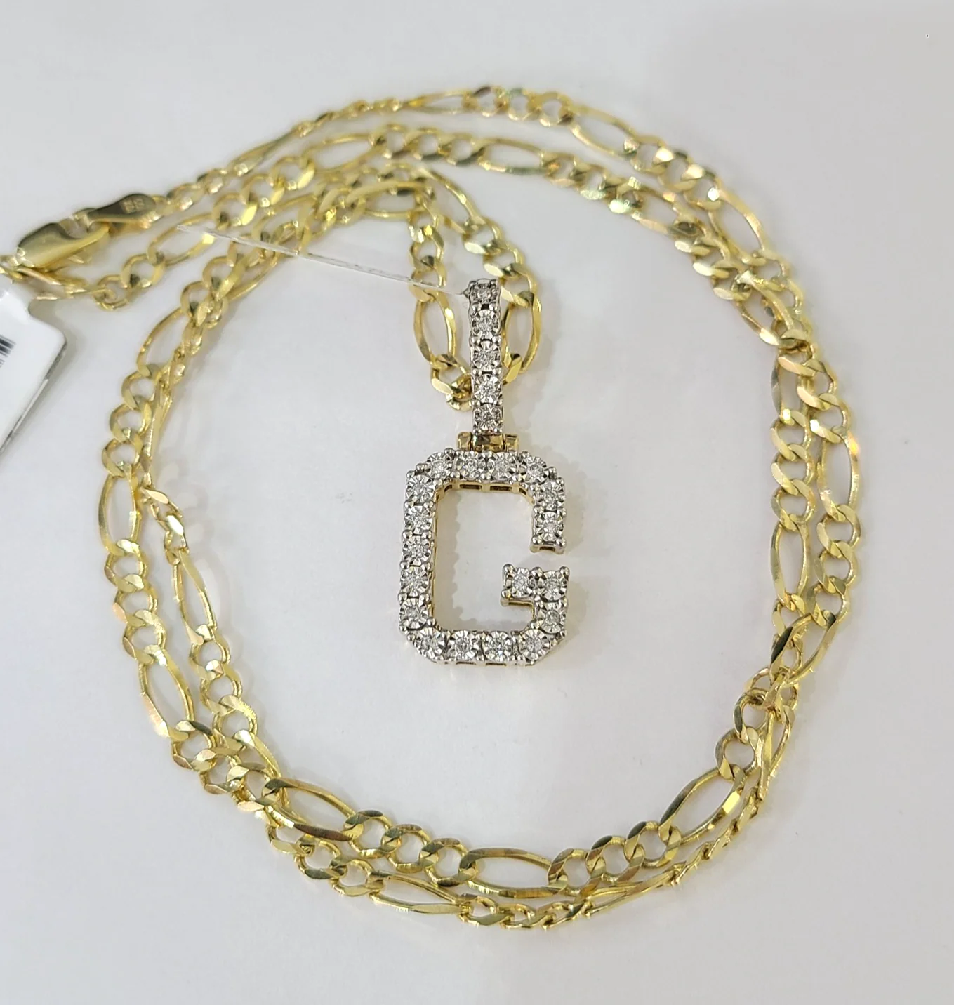 10k Gold Figaro Chain G Diamond Initial Pendant 3mm 20-28 inch SET Necklace - Image 3